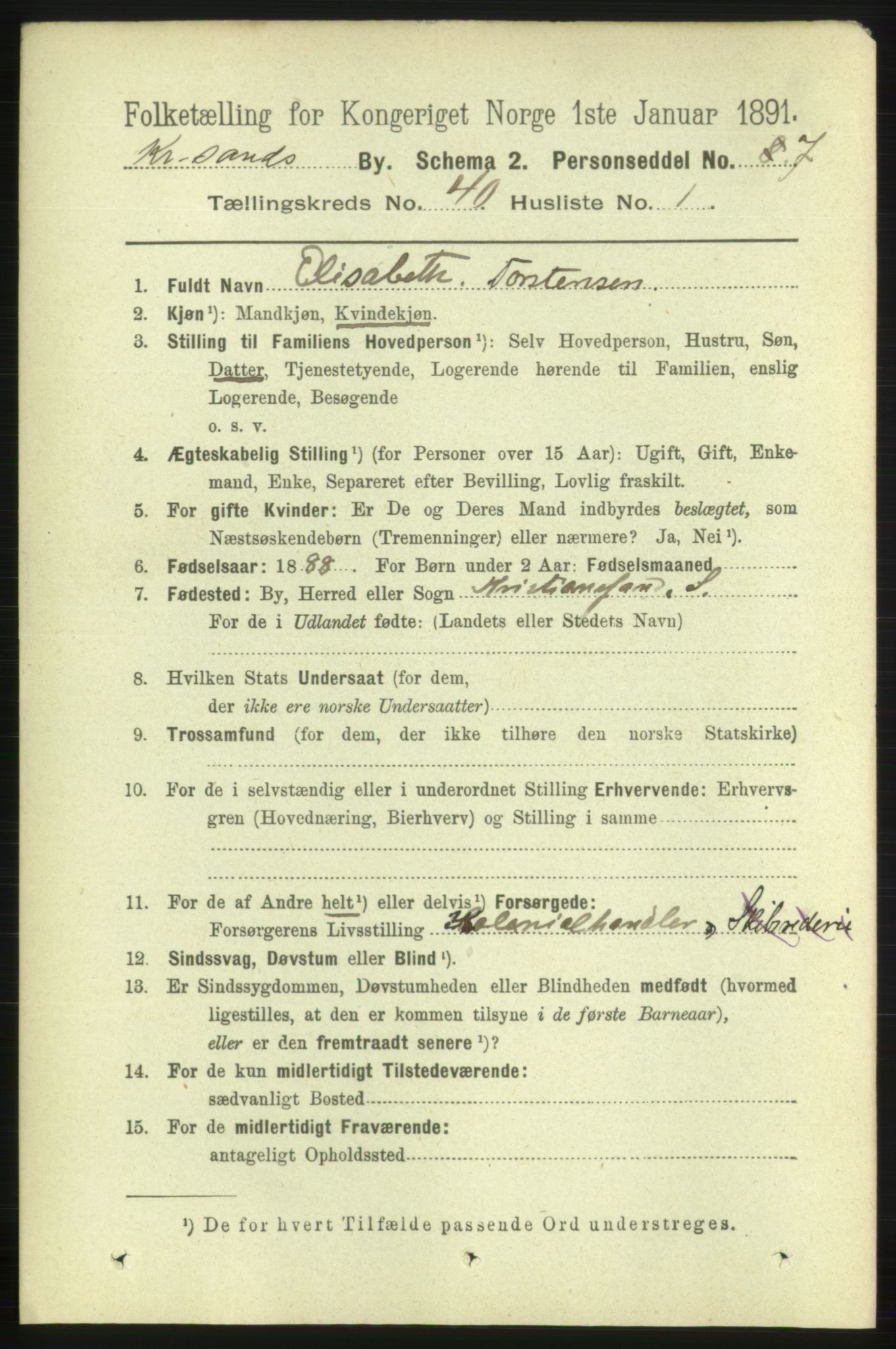 RA, 1891 census for 1001 Kristiansand, 1891, p. 12403