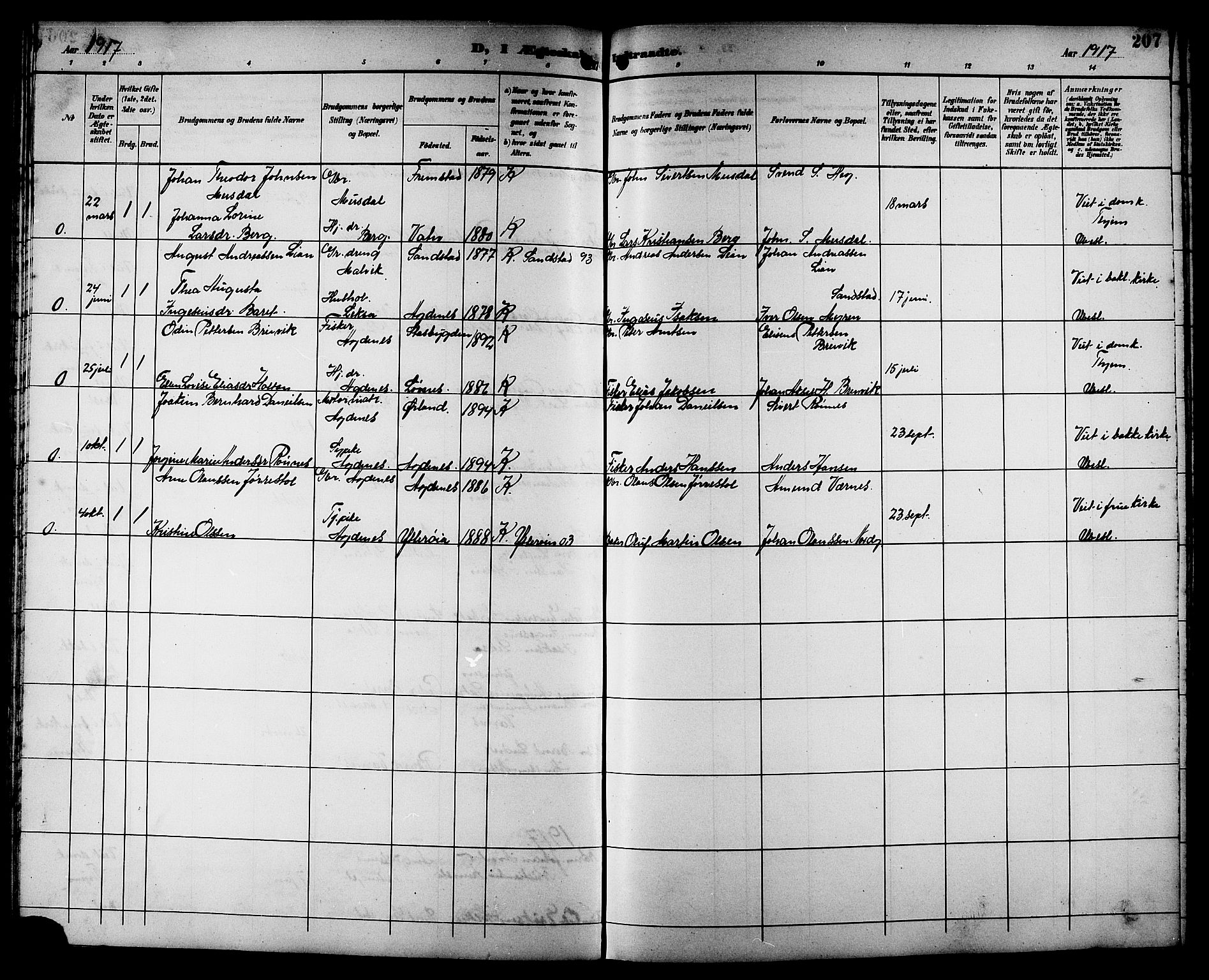 Ministerialprotokoller, klokkerbøker og fødselsregistre - Sør-Trøndelag, SAT/A-1456/662/L0757: Parish register (copy) no. 662C02, 1892-1918, p. 207