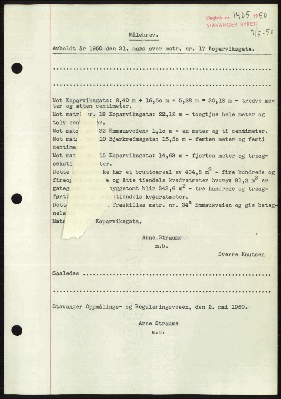 Stavanger byrett, SAST/A-100455/002/G/Gb/L0024: Mortgage book no. A13, 1949-1950, Diary no: : 1405/1950