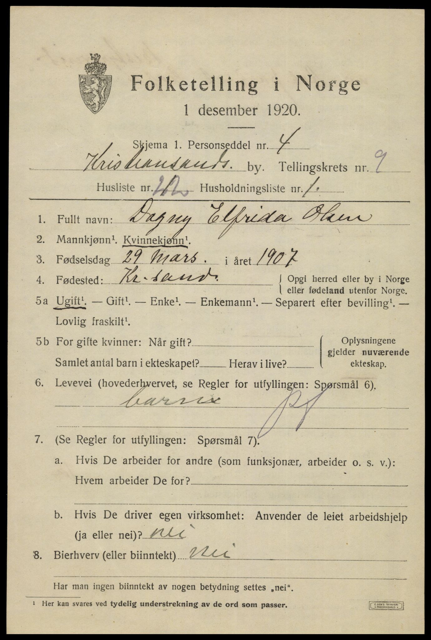 SAK, 1920 census for Kristiansand, 1920, p. 22907