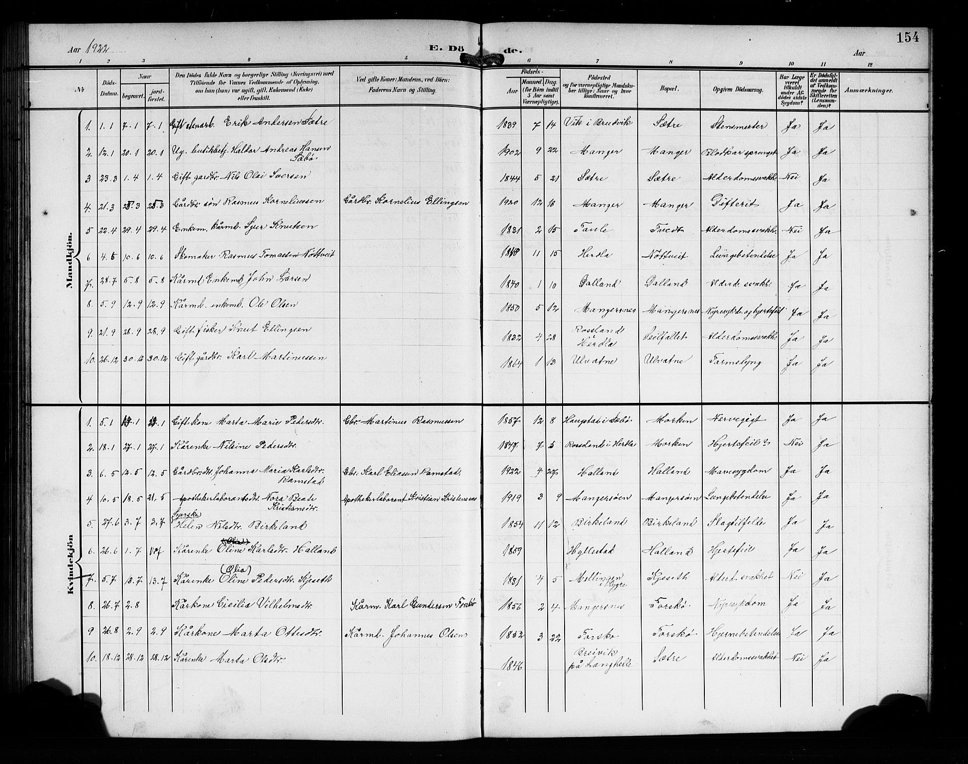 Manger sokneprestembete, AV/SAB-A-76801/H/Hab: Parish register (copy) no. A 2, 1902-1923, p. 154