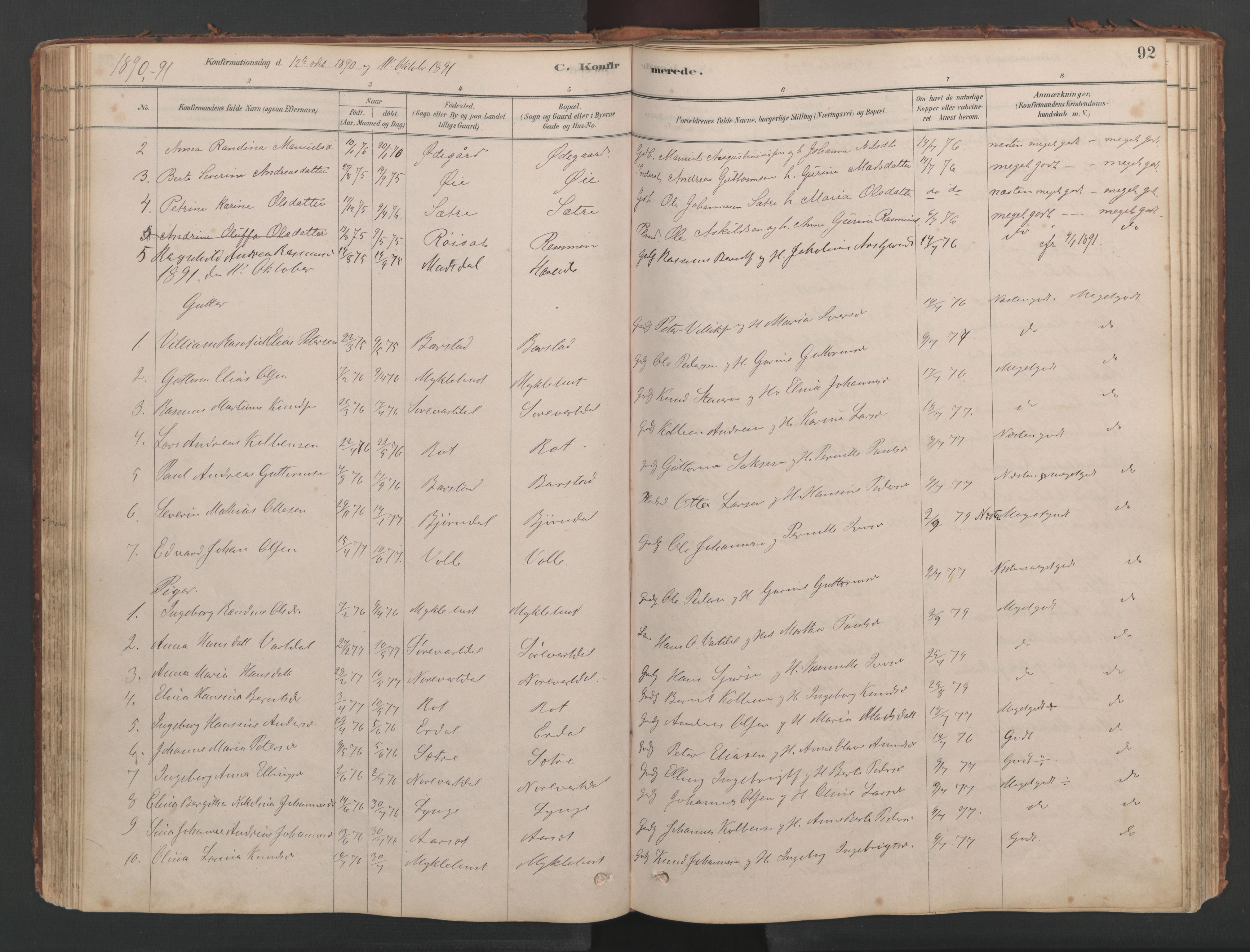 Ministerialprotokoller, klokkerbøker og fødselsregistre - Møre og Romsdal, AV/SAT-A-1454/514/L0201: Parish register (copy) no. 514C01, 1878-1919, p. 92