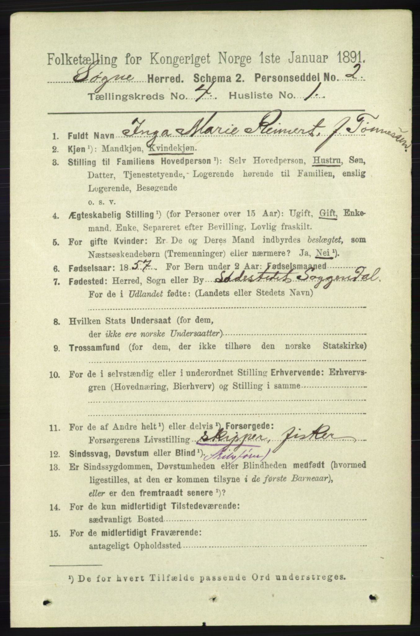 RA, 1891 census for 1018 Søgne, 1891, p. 631