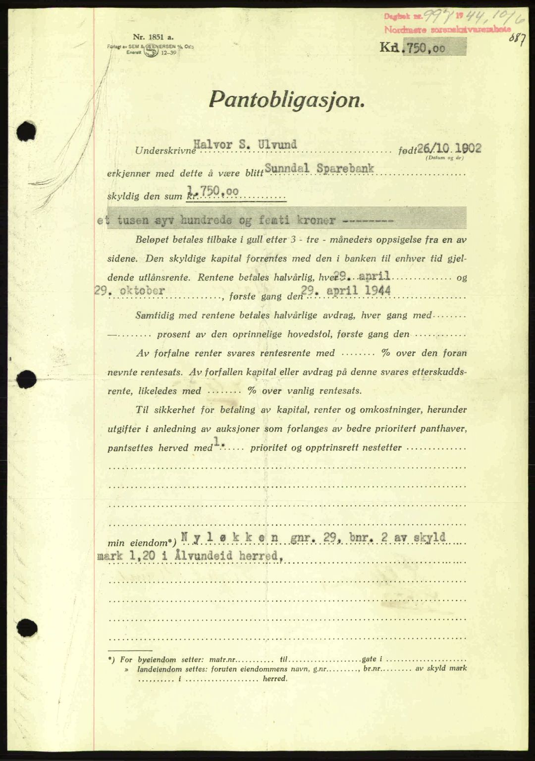 Nordmøre sorenskriveri, AV/SAT-A-4132/1/2/2Ca: Mortgage book no. B91, 1943-1944, Diary no: : 997/1944