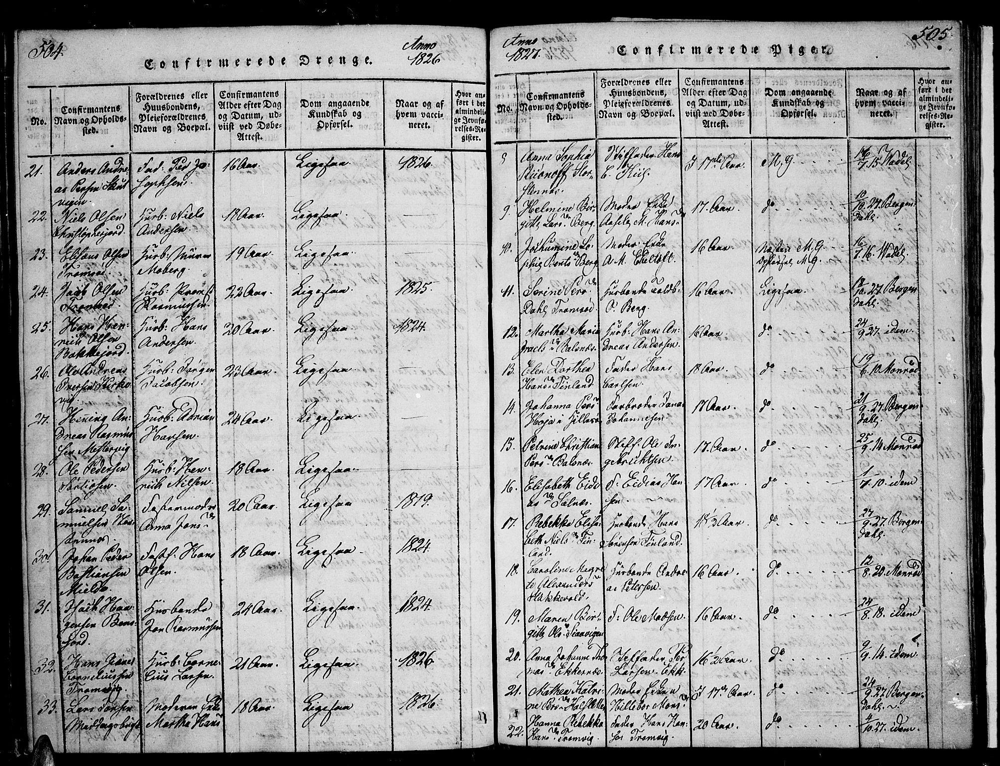 Tromsø sokneprestkontor/stiftsprosti/domprosti, AV/SATØ-S-1343/G/Ga/L0007kirke: Parish register (official) no. 7, 1821-1828, p. 504-505