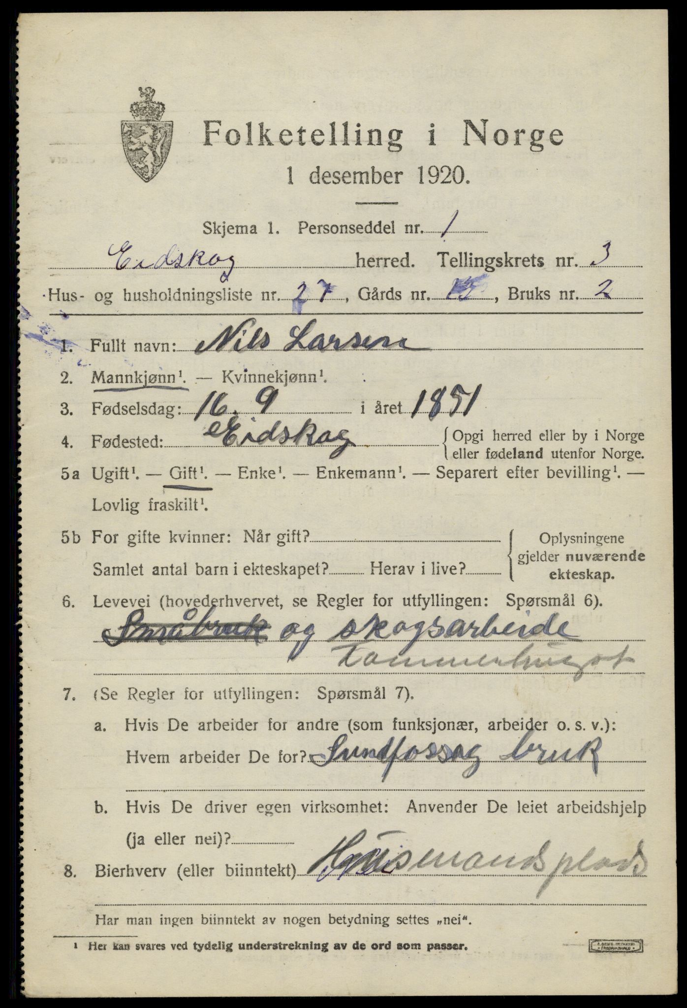 SAH, 1920 census for Eidskog, 1920, p. 4347