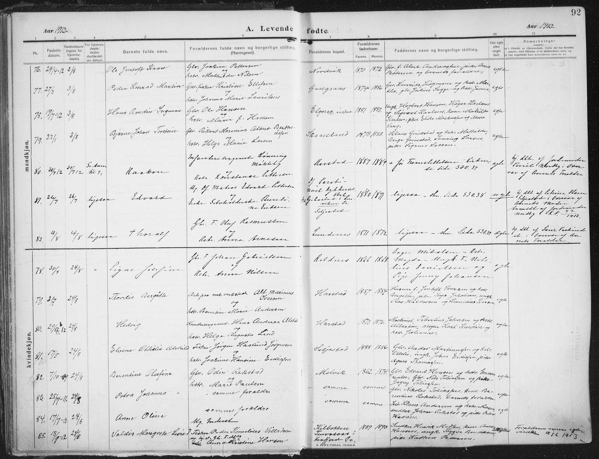 Trondenes sokneprestkontor, SATØ/S-1319/H/Ha/L0018kirke: Parish register (official) no. 18, 1909-1918, p. 92