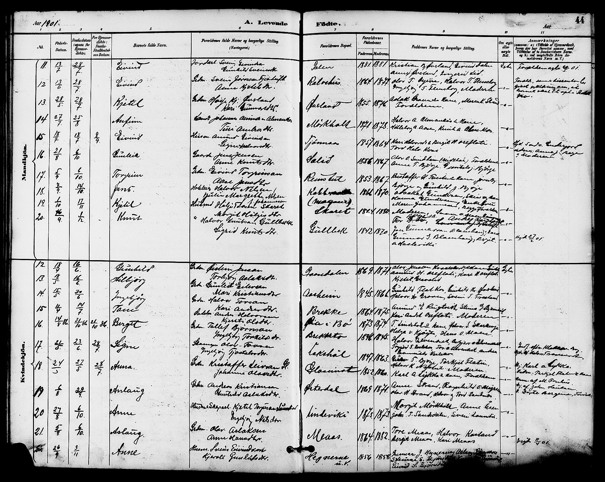 Seljord kirkebøker, SAKO/A-20/G/Ga/L0005: Parish register (copy) no. I 5, 1887-1914, p. 44