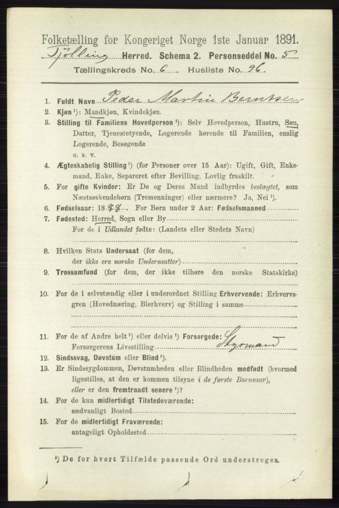 RA, 1891 census for 0725 Tjølling, 1891, p. 3540