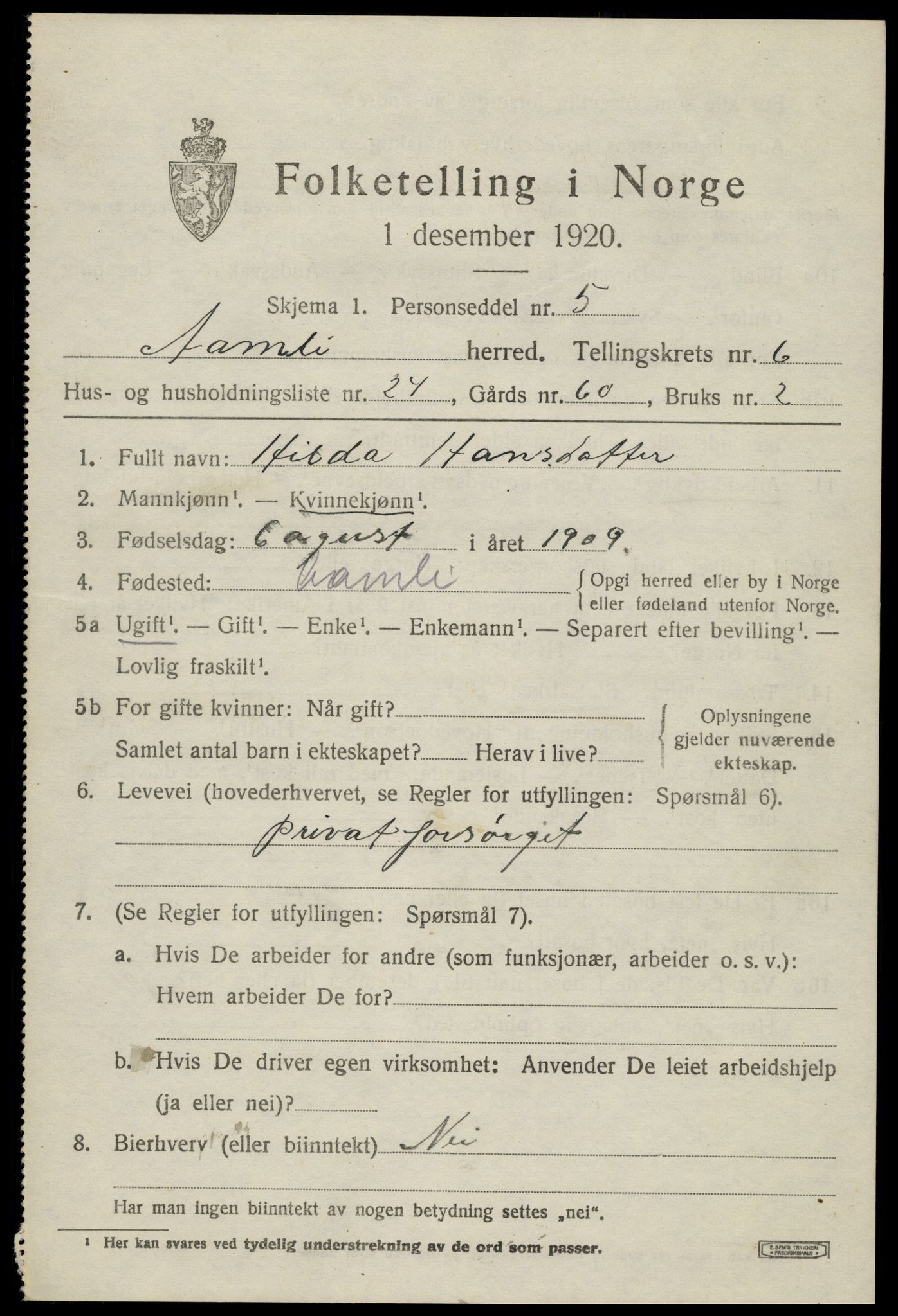 SAK, 1920 census for Åmli, 1920, p. 2899