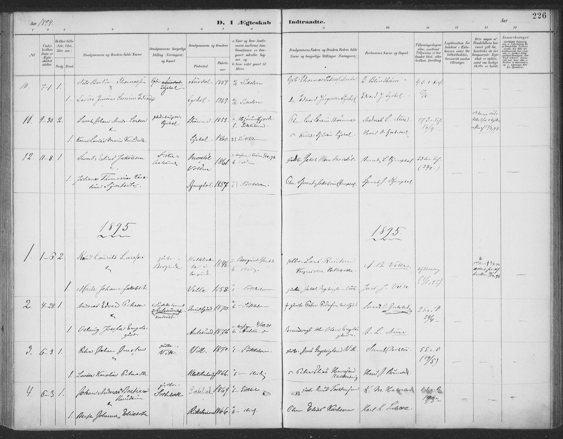 Ministerialprotokoller, klokkerbøker og fødselsregistre - Møre og Romsdal, SAT/A-1454/523/L0335: Parish register (official) no. 523A02, 1891-1911, p. 226