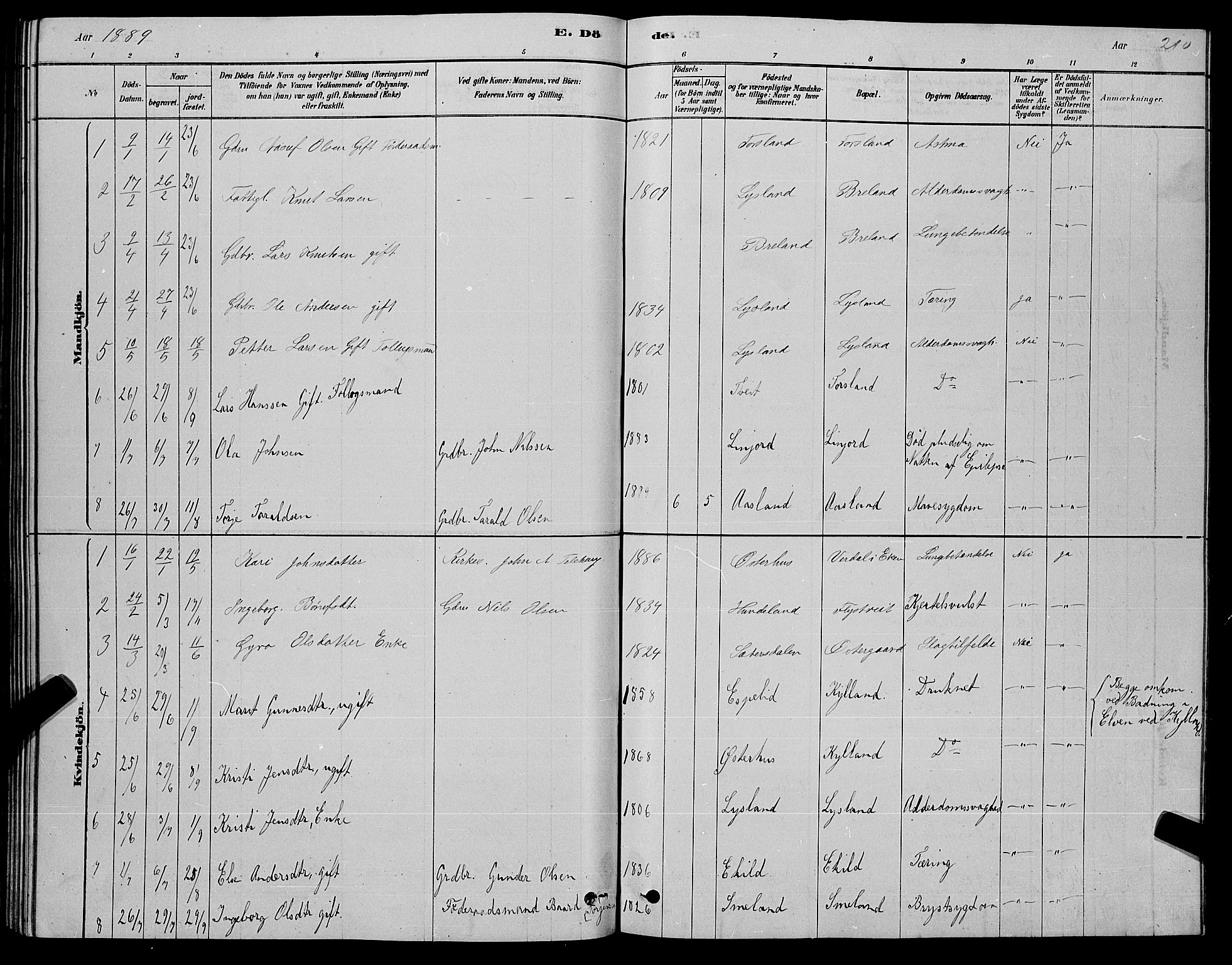 Åseral sokneprestkontor, AV/SAK-1111-0051/F/Fb/L0002: Parish register (copy) no. B 2, 1878-1899, p. 210