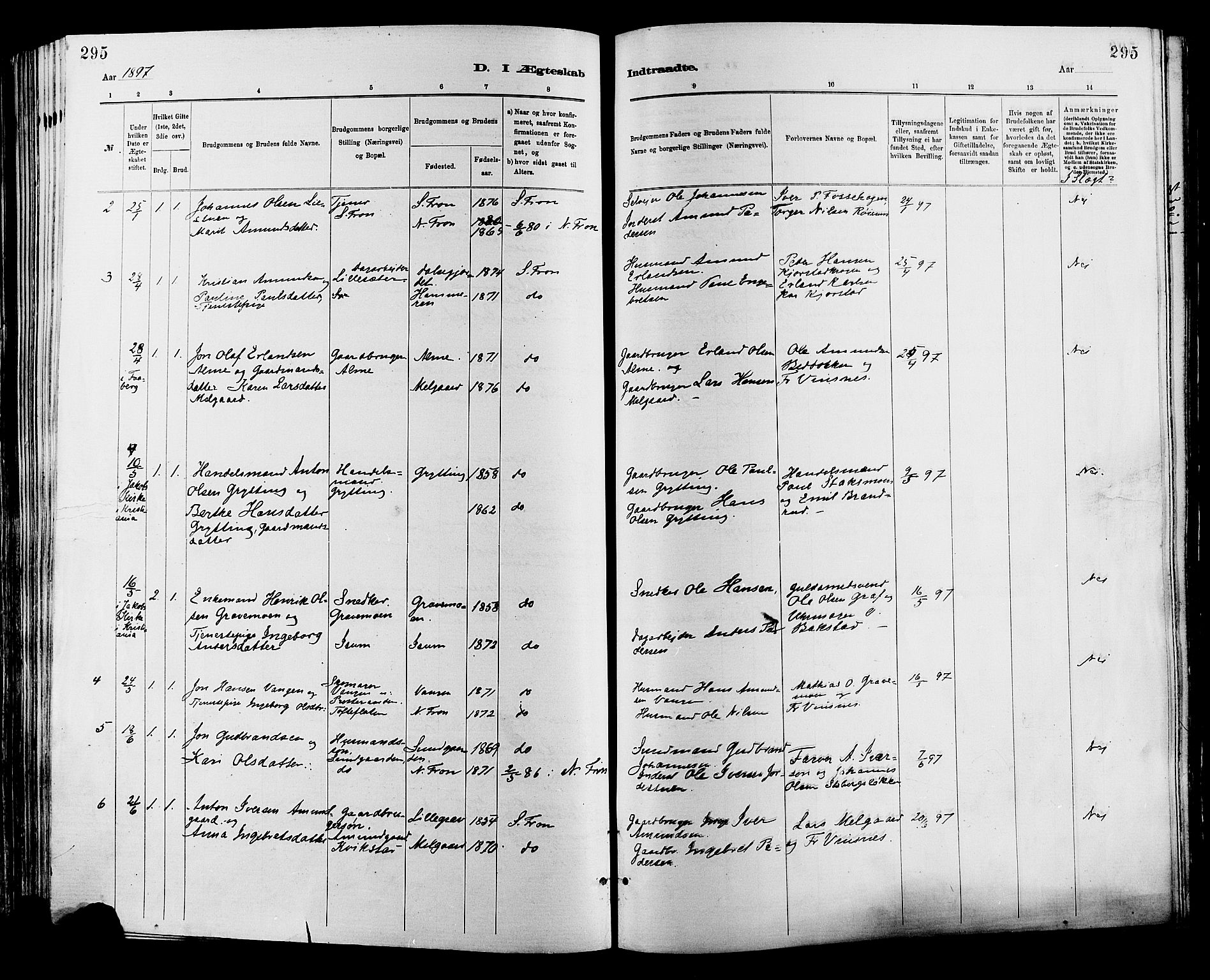 Sør-Fron prestekontor, AV/SAH-PREST-010/H/Ha/Haa/L0003: Parish register (official) no. 3, 1881-1897, p. 295