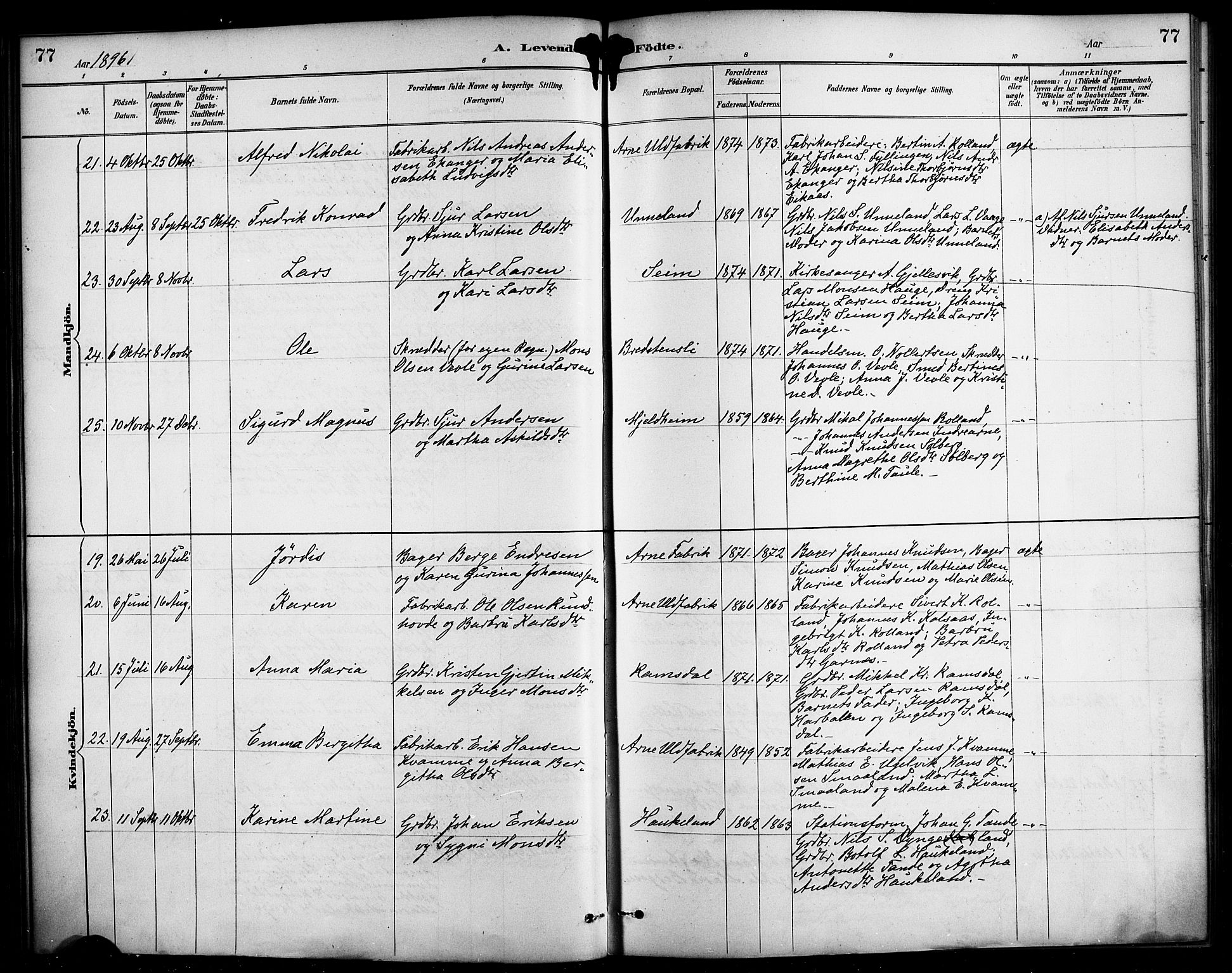 Haus sokneprestembete, AV/SAB-A-75601/H/Haa/Haad/L0001: Parish register (official) no. D 1, 1887-1898, p. 77
