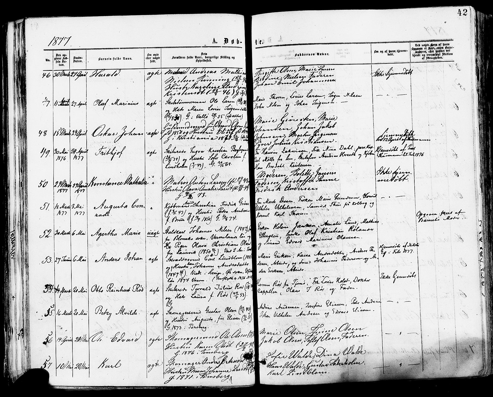 Tønsberg kirkebøker, AV/SAKO-A-330/F/Fa/L0010: Parish register (official) no. I 10, 1874-1880, p. 42