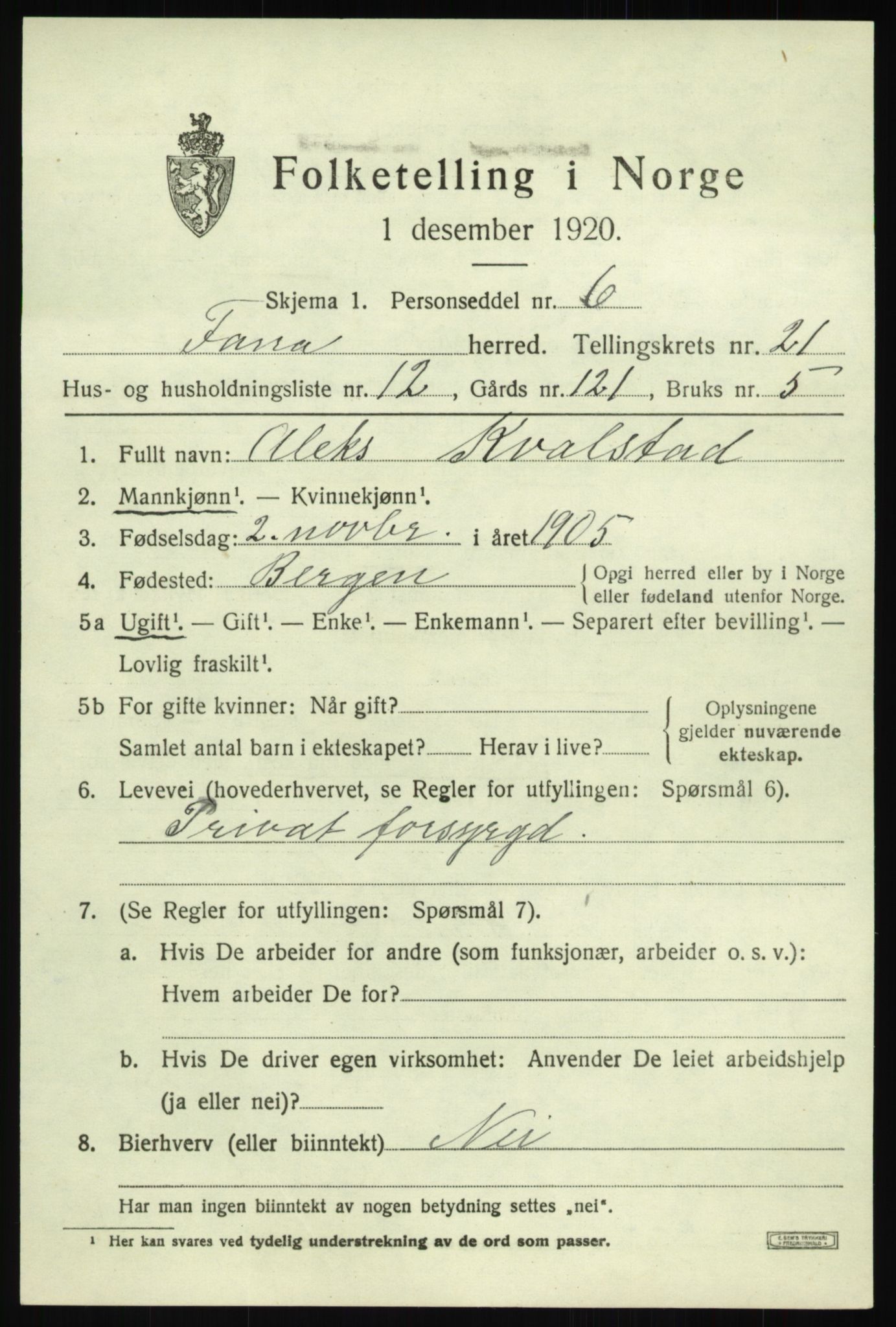 SAB, 1920 census for Fana, 1920, p. 24815