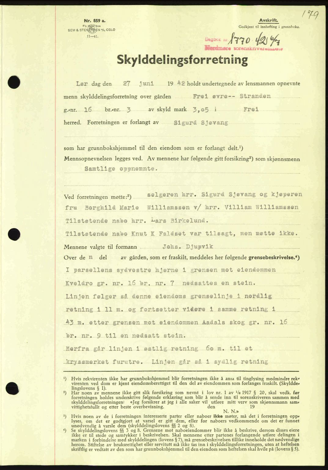 Nordmøre sorenskriveri, AV/SAT-A-4132/1/2/2Ca: Mortgage book no. A93, 1942-1942, Diary no: : 1770/1942