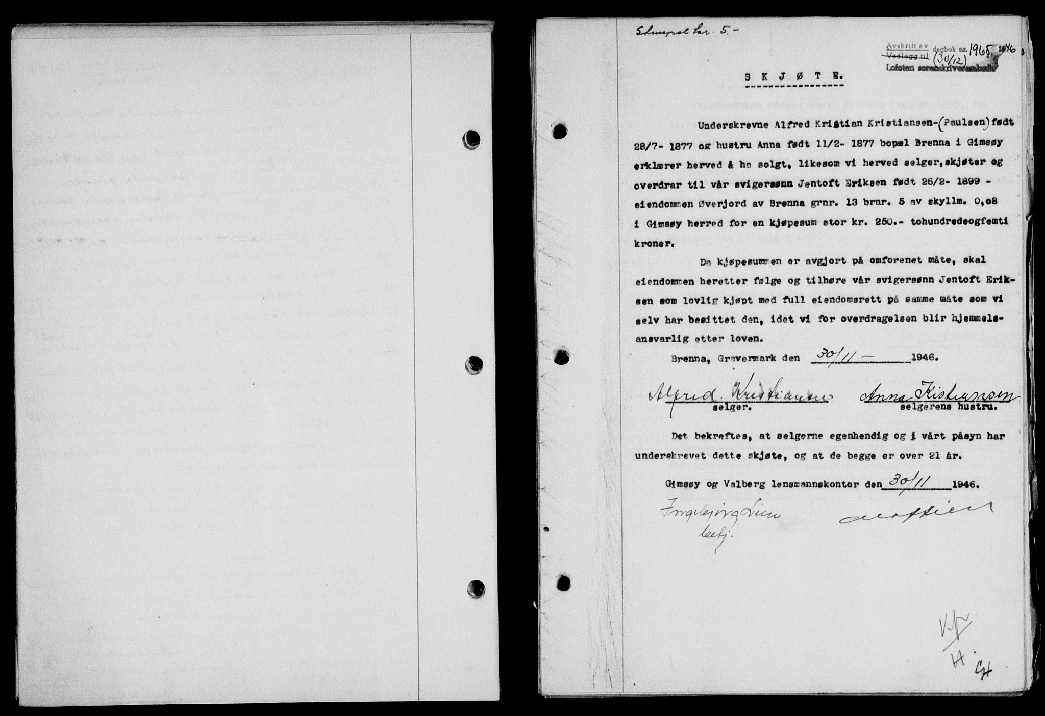 Lofoten sorenskriveri, SAT/A-0017/1/2/2C/L0015a: Mortgage book no. 15a, 1946-1947, Diary no: : 1965/1946