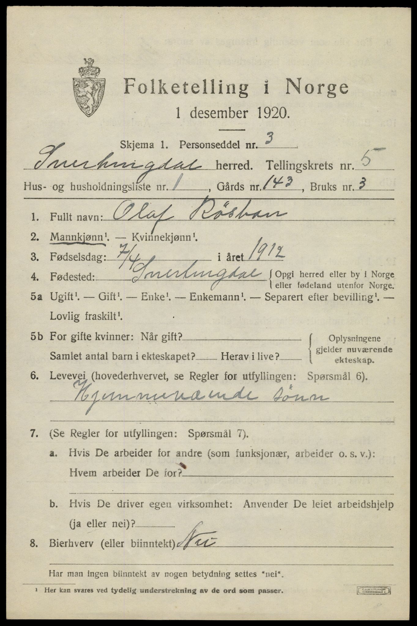 SAH, 1920 census for Snertingdal, 1920, p. 4277