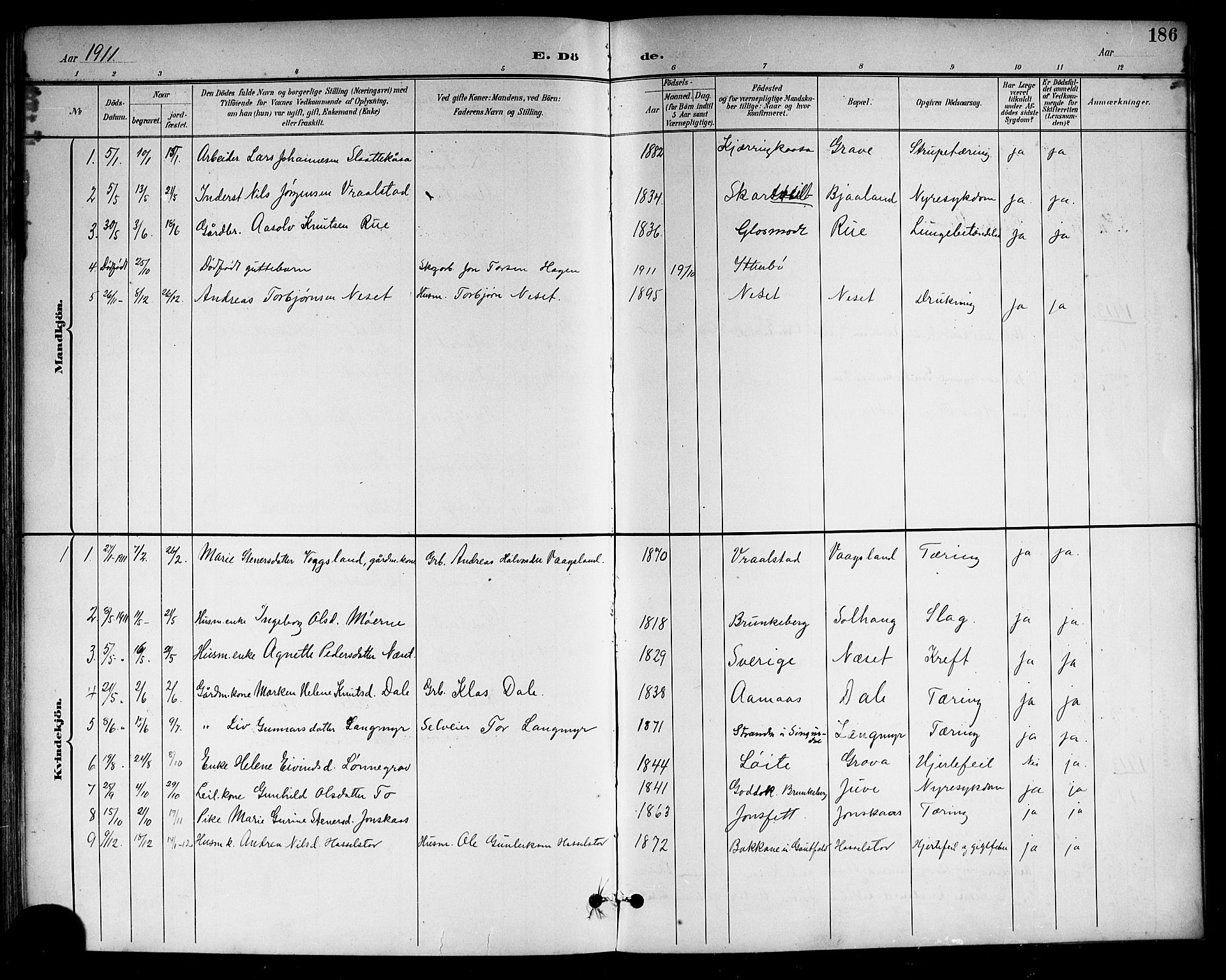 Drangedal kirkebøker, SAKO/A-258/G/Gb/L0002: Parish register (copy) no. II 2, 1895-1918, p. 186