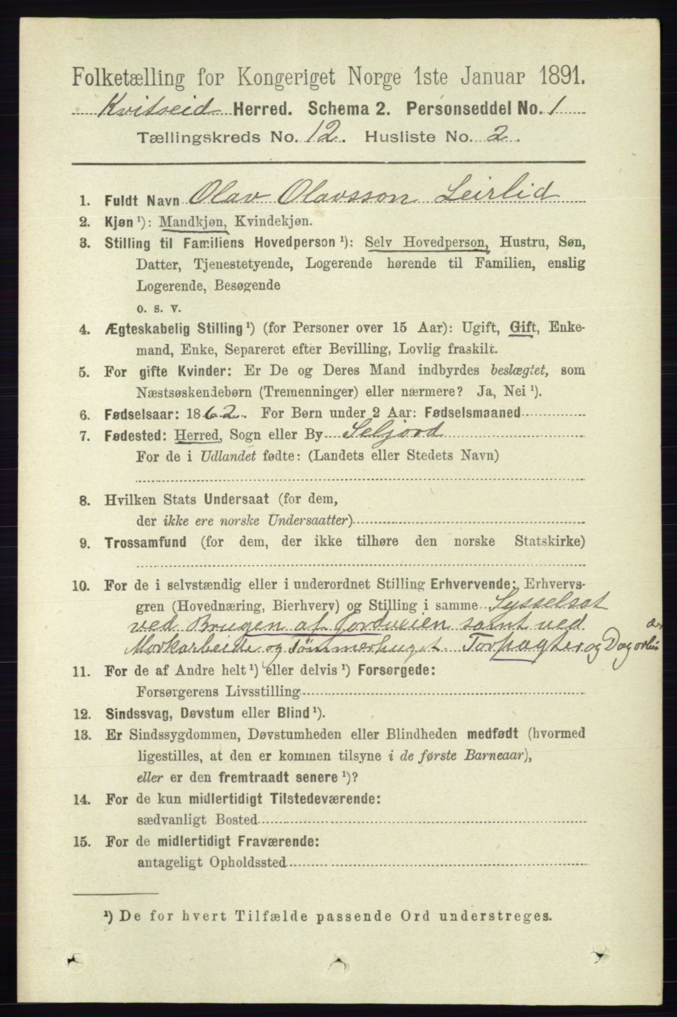 RA, 1891 census for 0829 Kviteseid, 1891, p. 2848