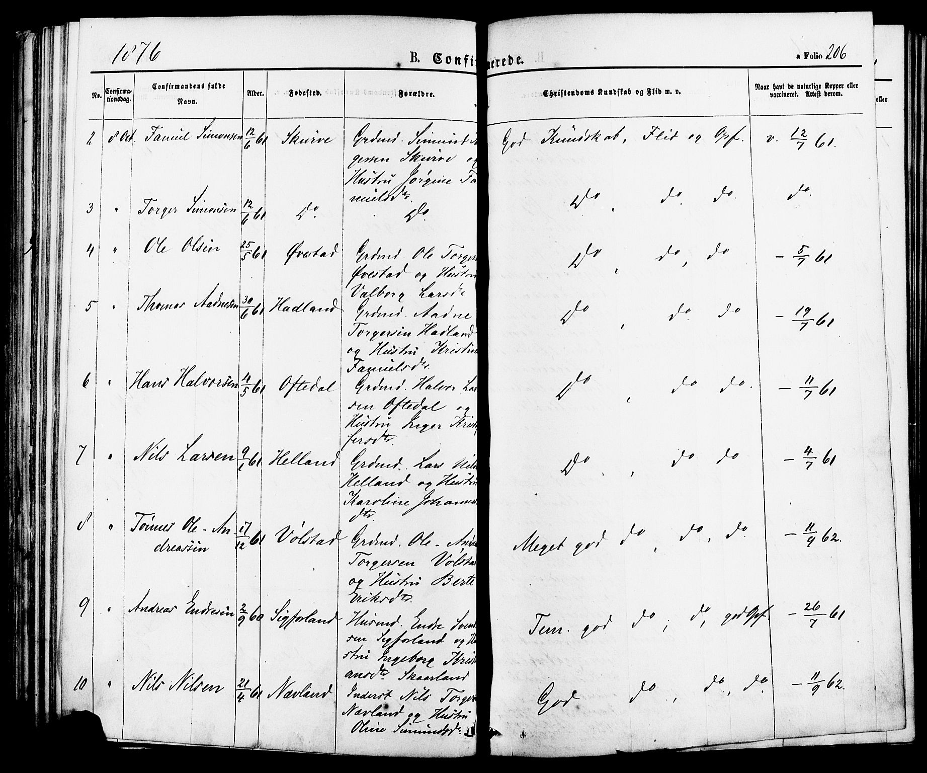 Lye sokneprestkontor, AV/SAST-A-101794/001/30BA/L0008: Parish register (official) no. A 7, 1872-1881, p. 206