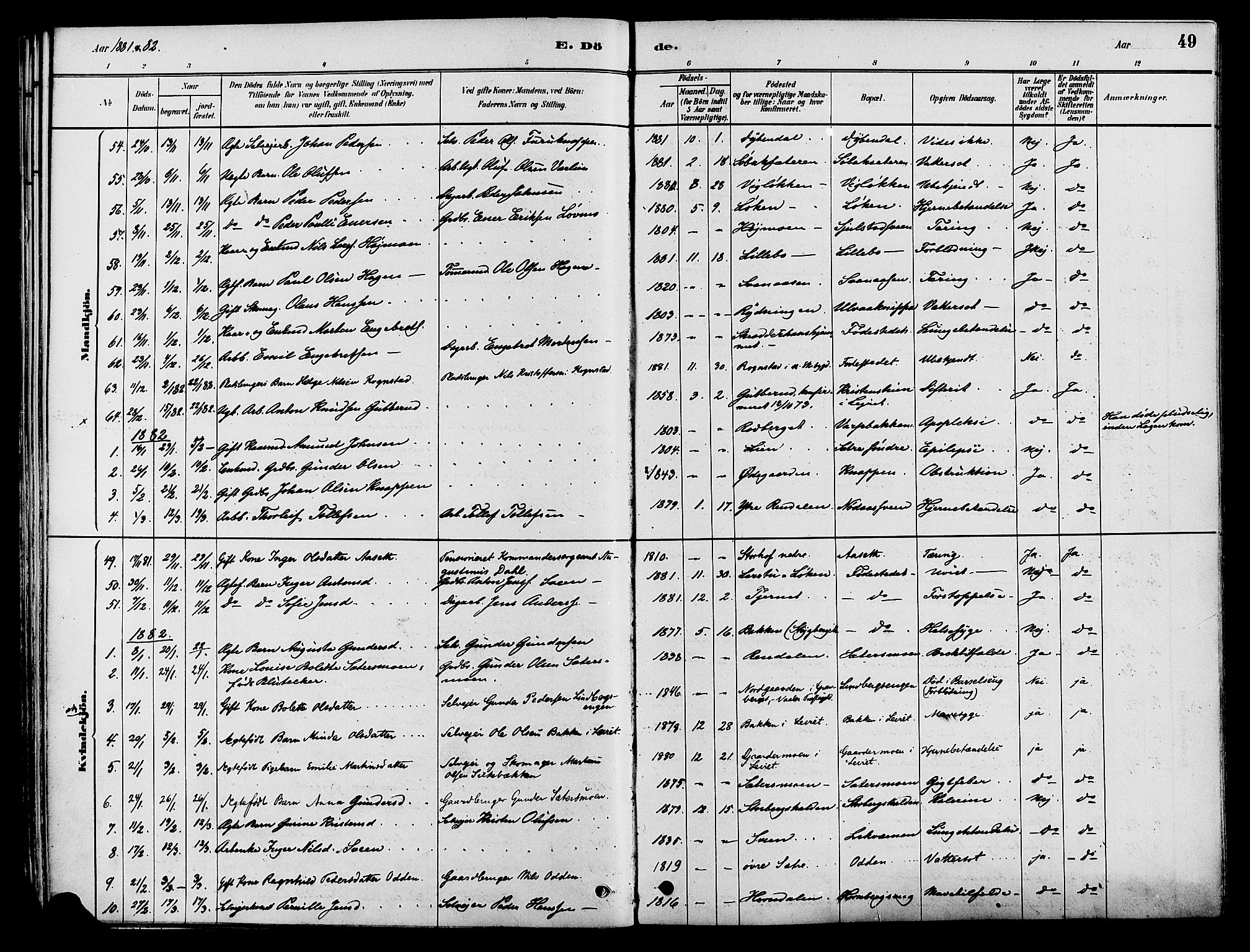 Elverum prestekontor, AV/SAH-PREST-044/H/Ha/Haa/L0012: Parish register (official) no. 12, 1880-1893, p. 49