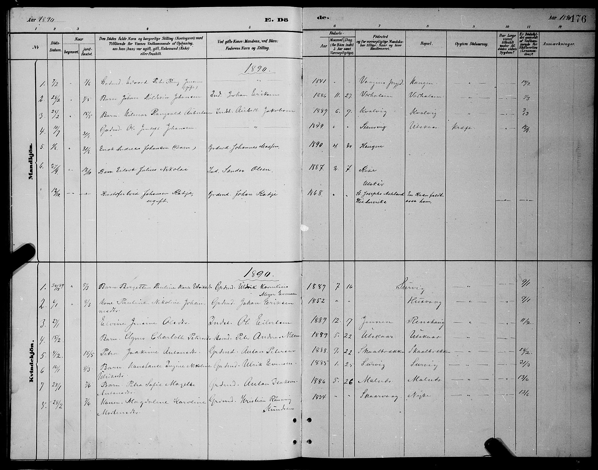 Ministerialprotokoller, klokkerbøker og fødselsregistre - Nordland, AV/SAT-A-1459/892/L1325: Parish register (copy) no. 892C02, 1878-1896, p. 176