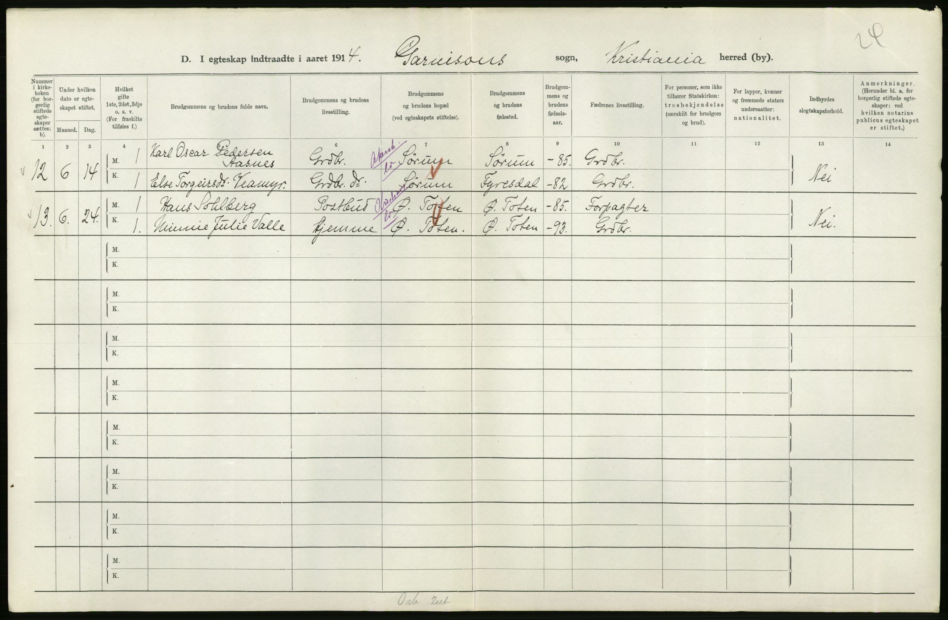 Statistisk sentralbyrå, Sosiodemografiske emner, Befolkning, AV/RA-S-2228/D/Df/Dfb/Dfbd/L0007: Kristiania: Gifte, 1914, p. 46