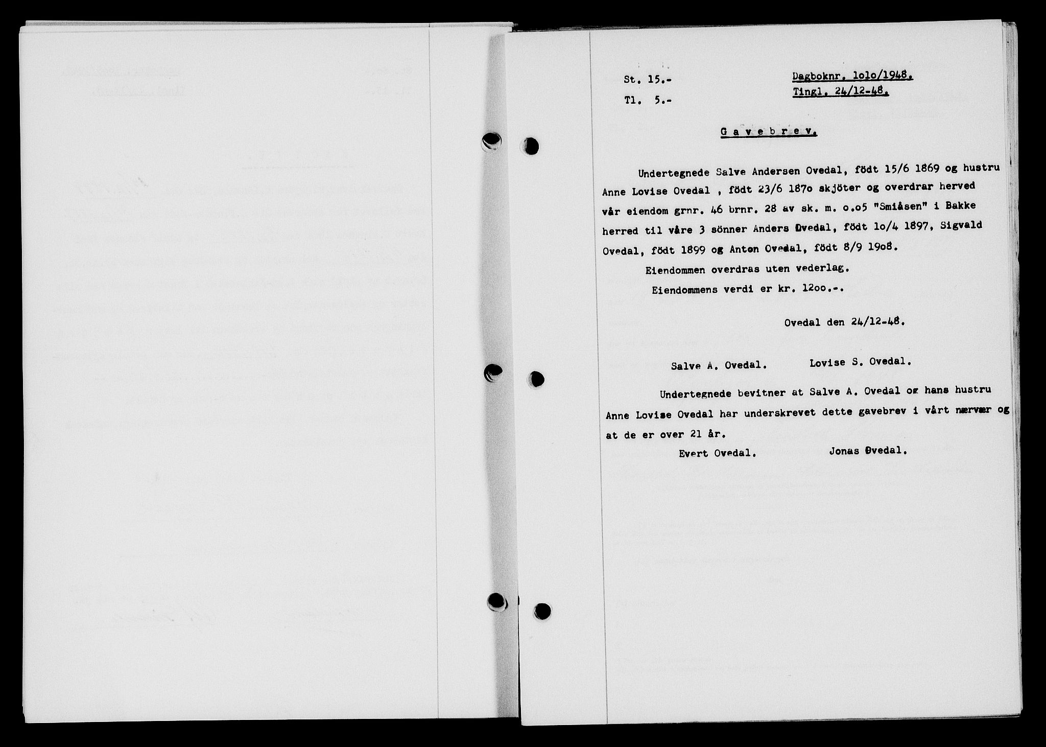 Flekkefjord sorenskriveri, SAK/1221-0001/G/Gb/Gba/L0064: Mortgage book no. A-12, 1948-1949, Diary no: : 1010/1948