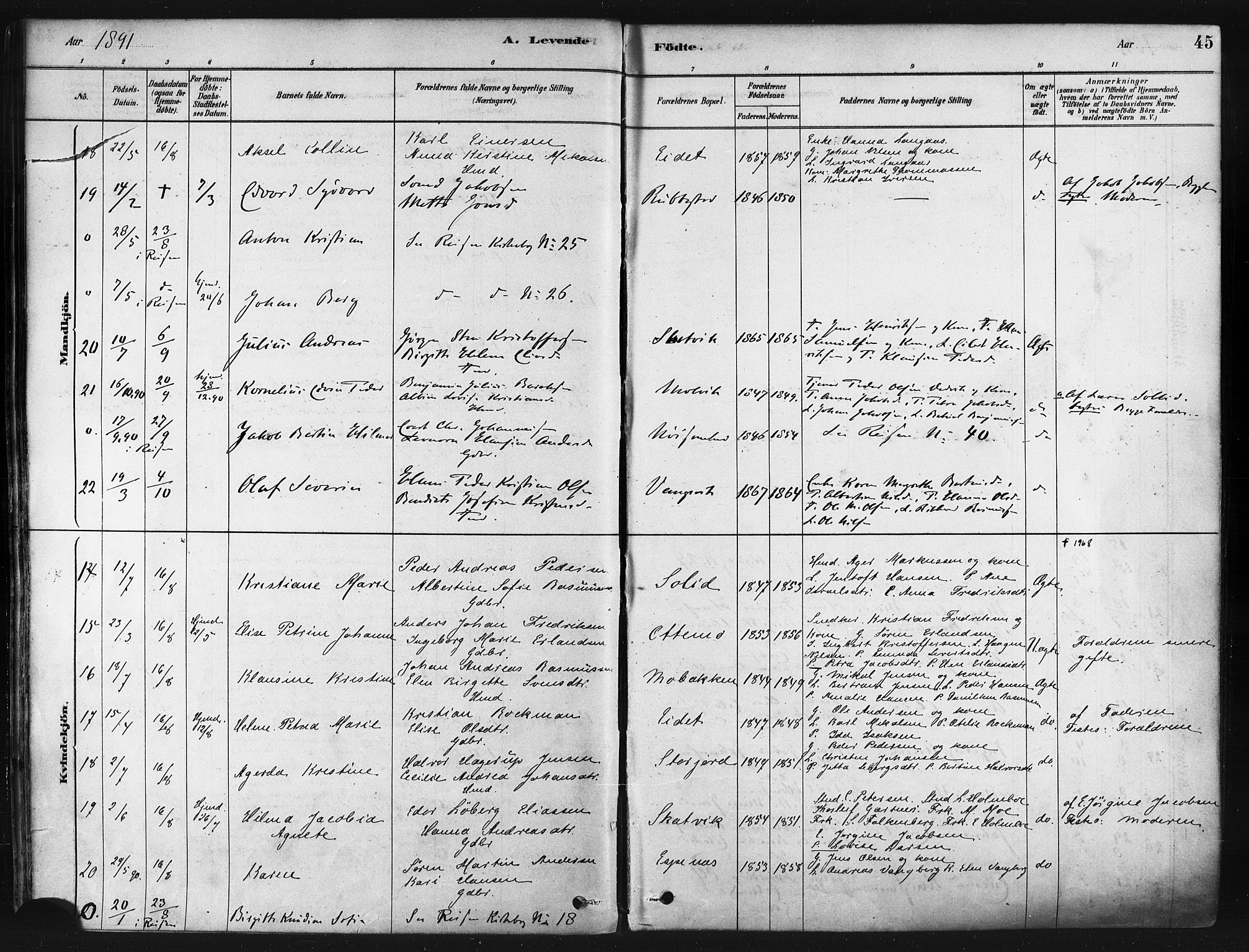 Tranøy sokneprestkontor, AV/SATØ-S-1313/I/Ia/Iaa/L0009kirke: Parish register (official) no. 9, 1878-1904, p. 45