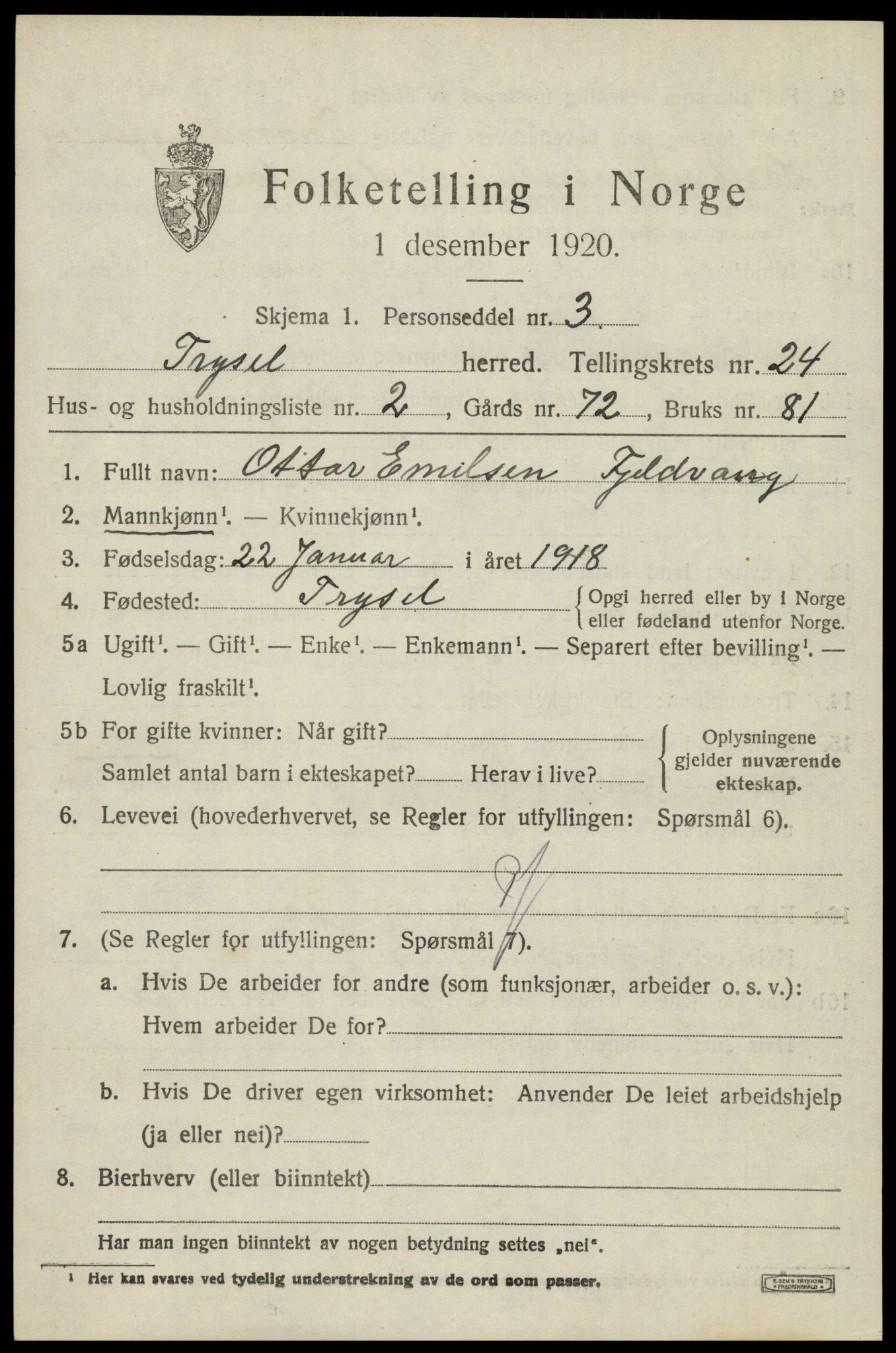 SAH, 1920 census for Trysil, 1920, p. 15229