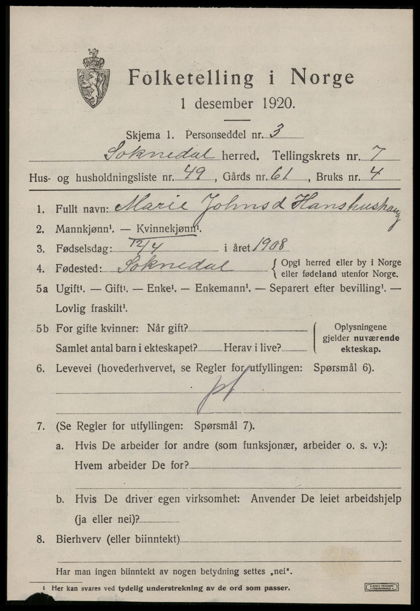 SAT, 1920 census for Soknedal, 1920, p. 3980