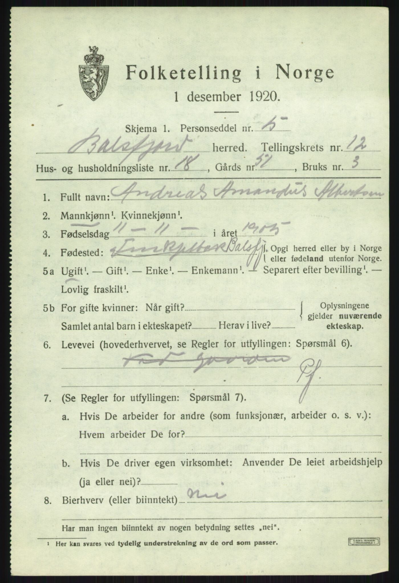 SATØ, 1920 census for Balsfjord, 1920, p. 7471