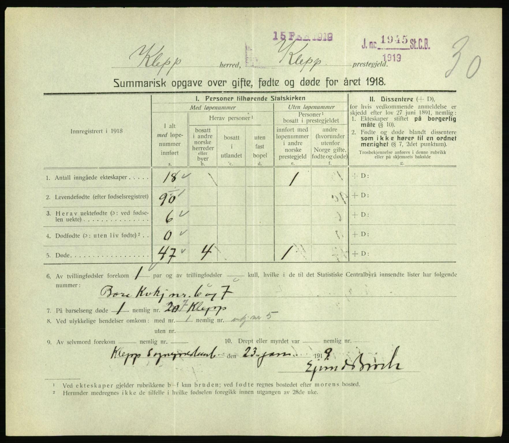 Statistisk sentralbyrå, Sosiodemografiske emner, Befolkning, RA/S-2228/D/Df/Dfb/Dfbh/L0059: Summariske oppgaver over gifte, fødte og døde for hele landet., 1918, p. 809