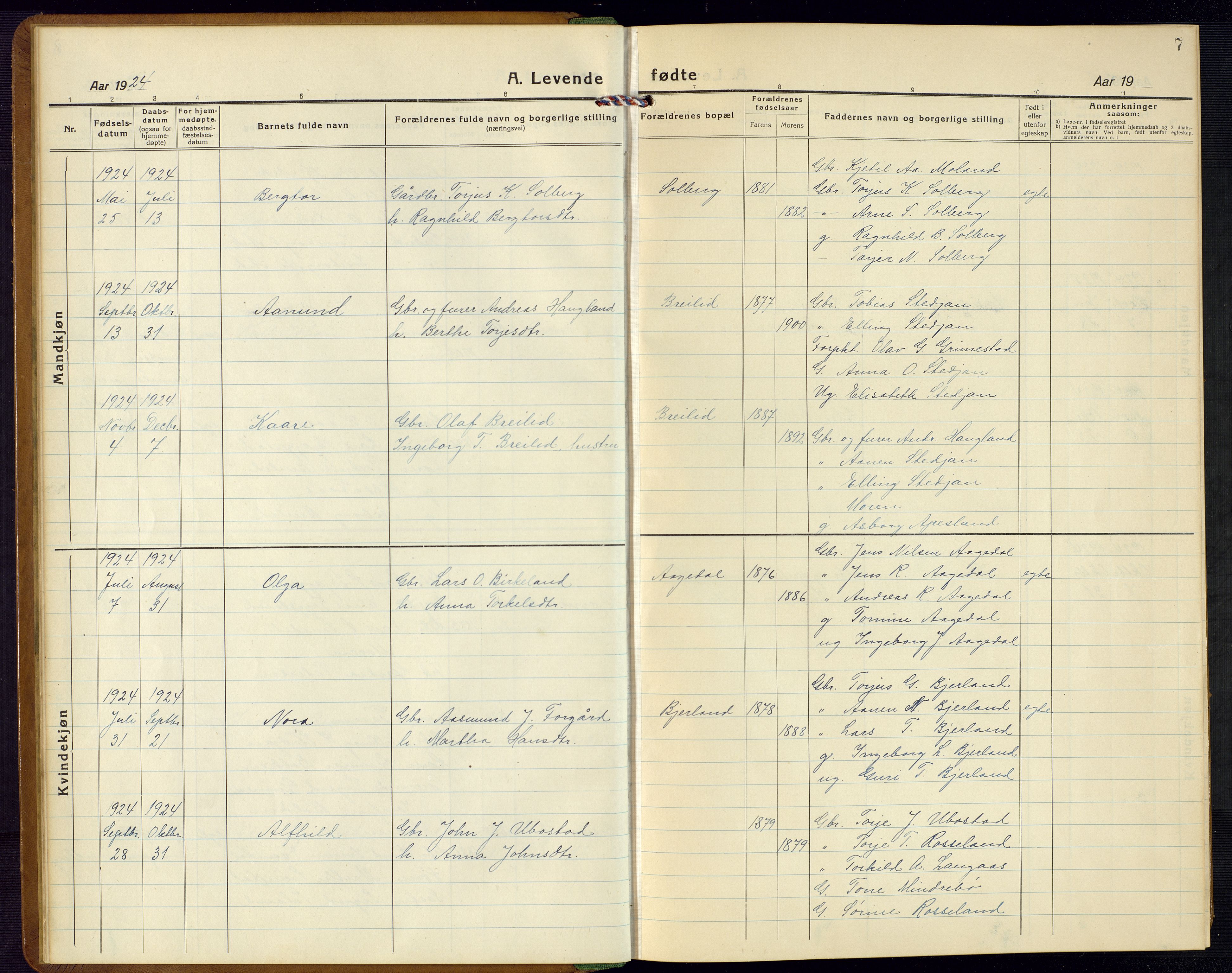 Bjelland sokneprestkontor, SAK/1111-0005/F/Fb/Fba/L0006: Parish register (copy) no. B 6, 1923-1956, p. 7