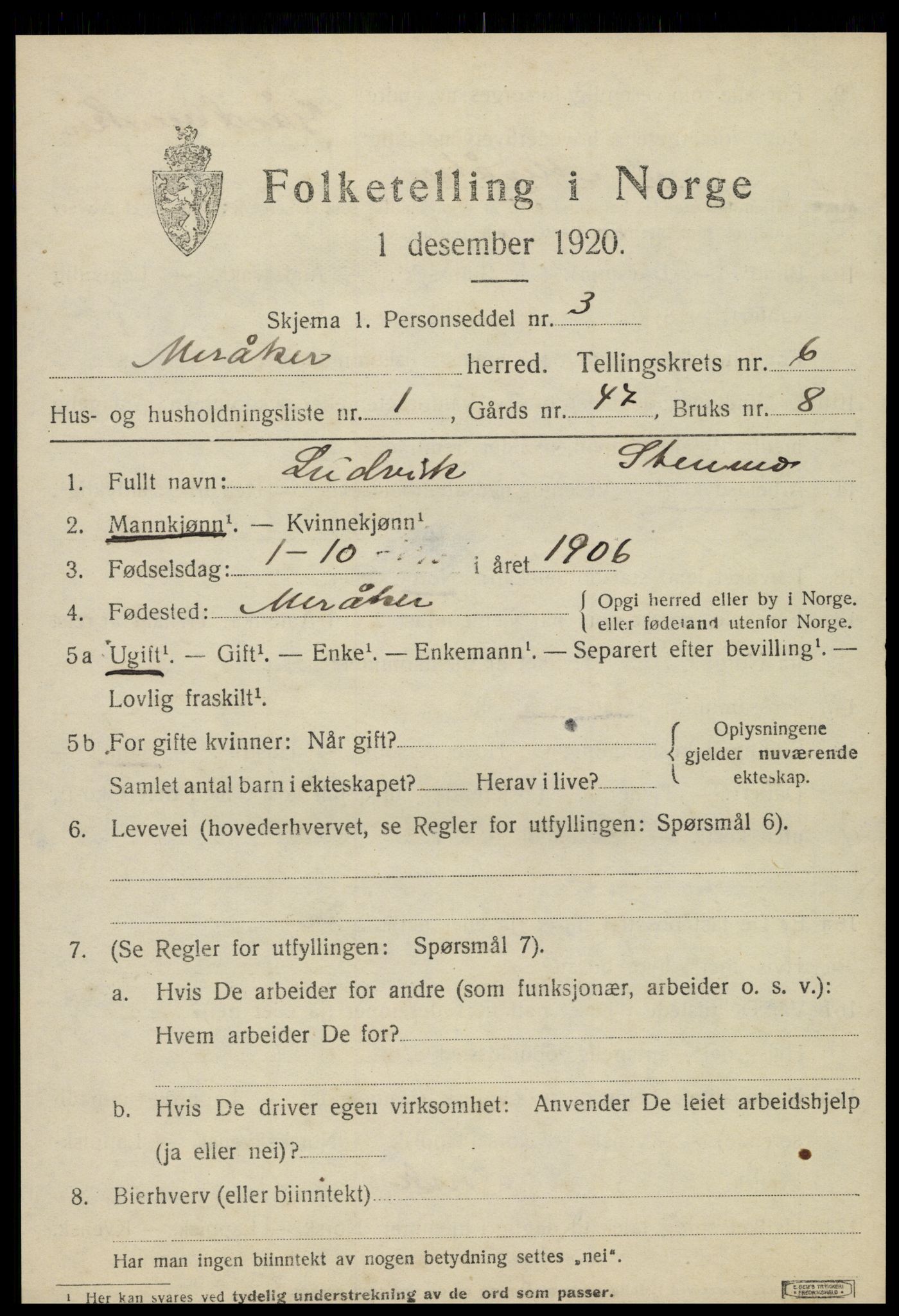 SAT, 1920 census for Meråker, 1920, p. 4530