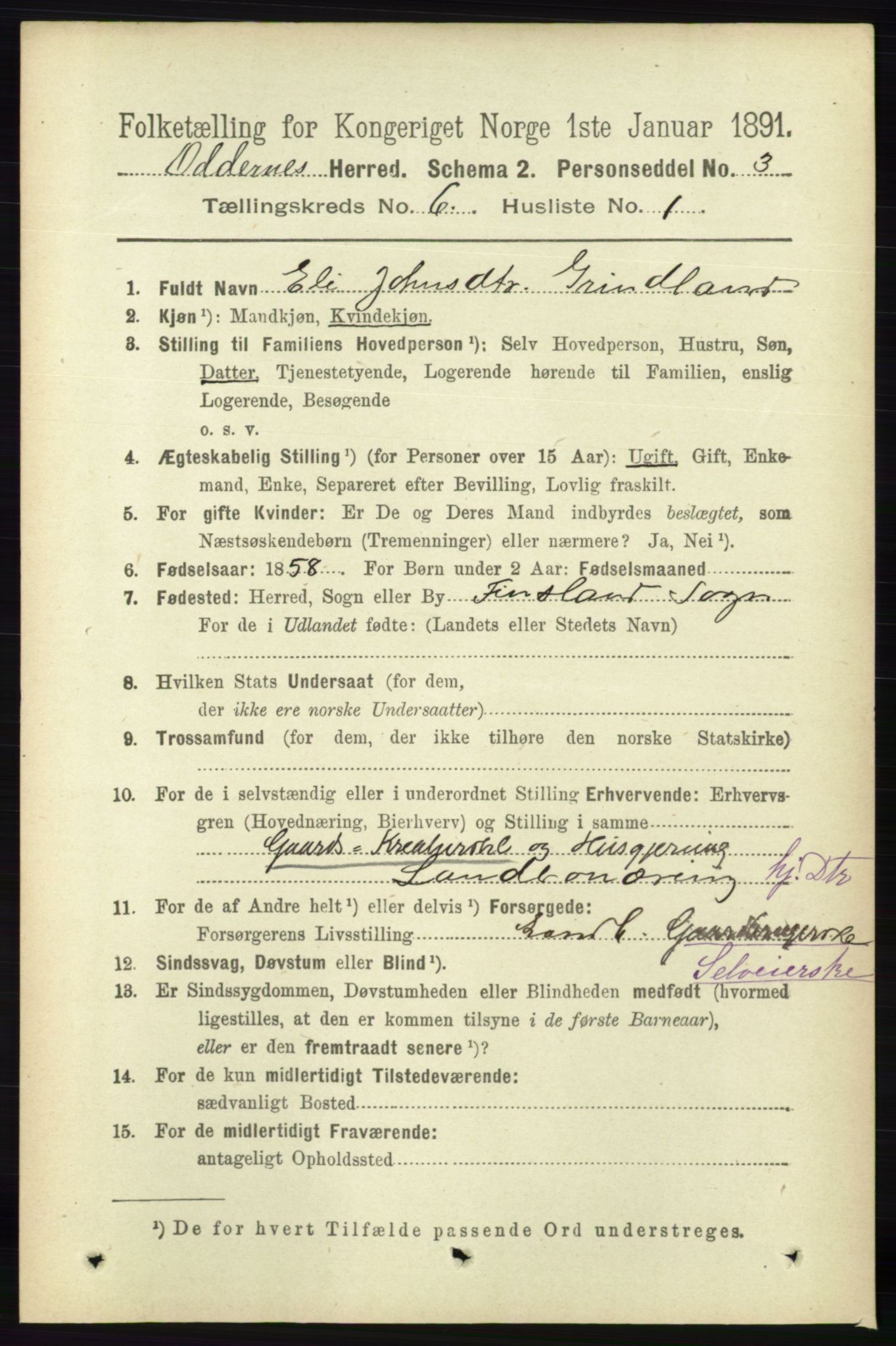 RA, 1891 census for 1012 Oddernes, 1891, p. 2199