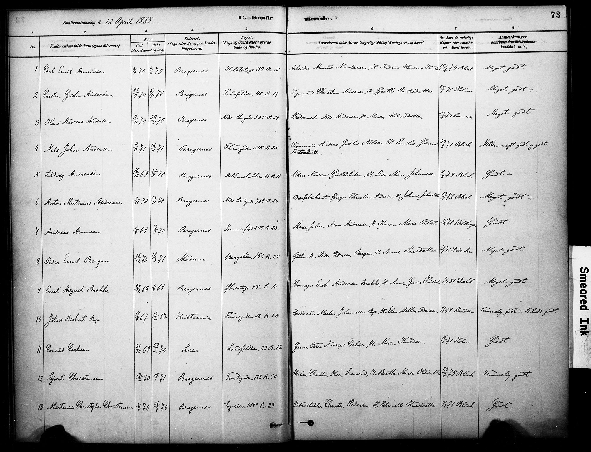 Bragernes kirkebøker, SAKO/A-6/F/Fc/L0005: Parish register (official) no. III 5, 1878-1890, p. 73