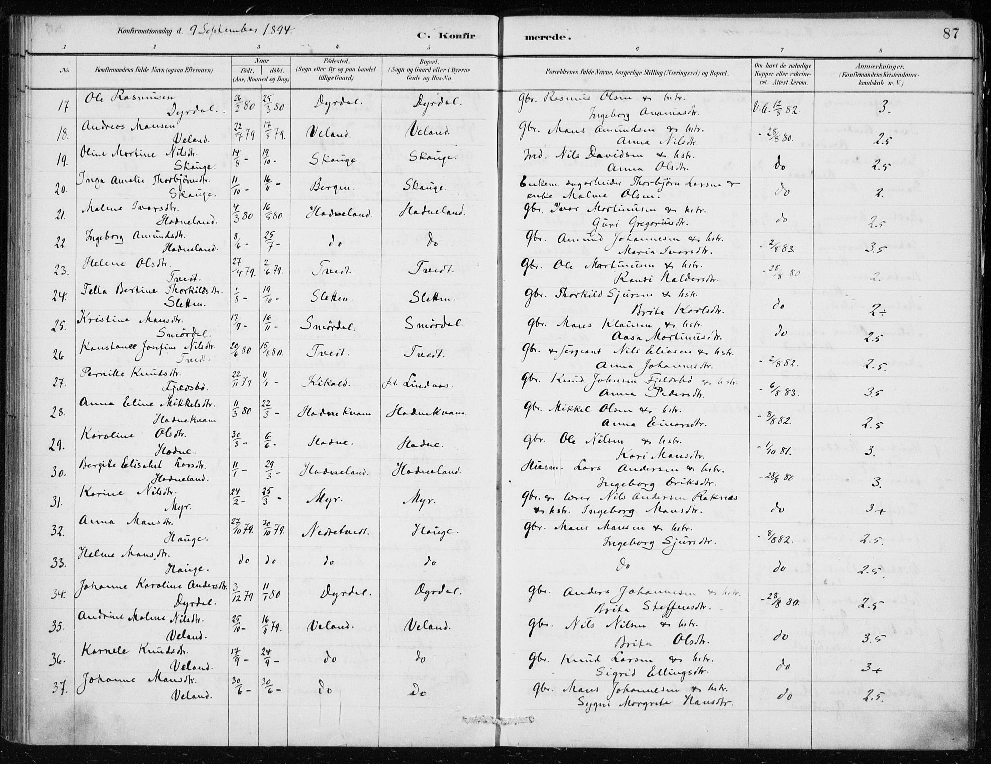 Lindås Sokneprestembete, AV/SAB-A-76701/H/Haa/Haaf/L0001: Parish register (official) no. F  1, 1886-1897, p. 87