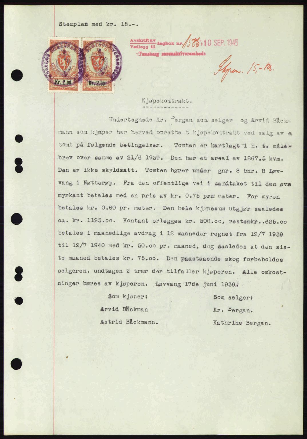 Tønsberg sorenskriveri, AV/SAKO-A-130/G/Ga/Gaa/L0017a: Mortgage book no. A17a, 1945-1945, Diary no: : 1586/1945