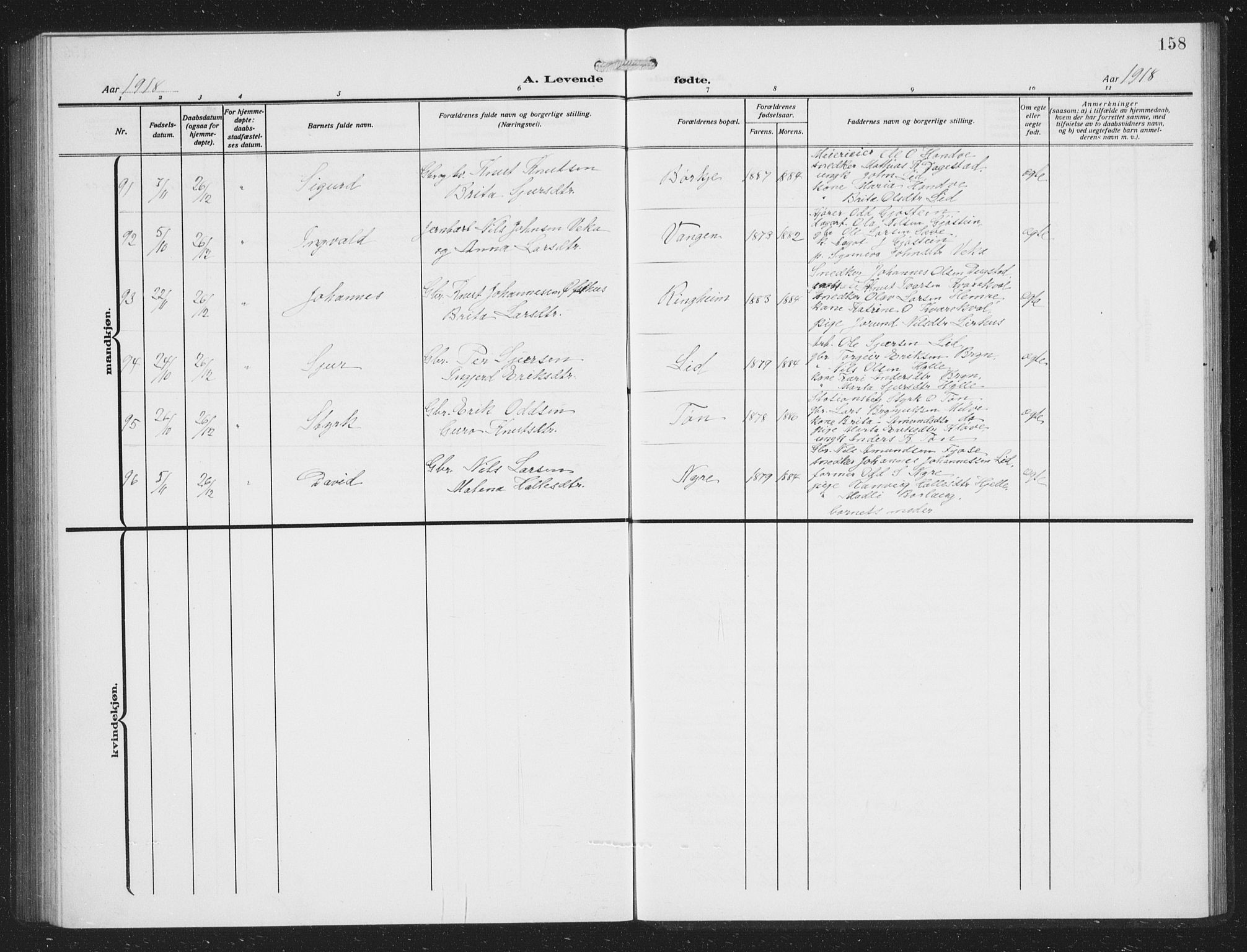 Voss sokneprestembete, AV/SAB-A-79001/H/Hab: Parish register (copy) no. C 3, 1909-1920, p. 158