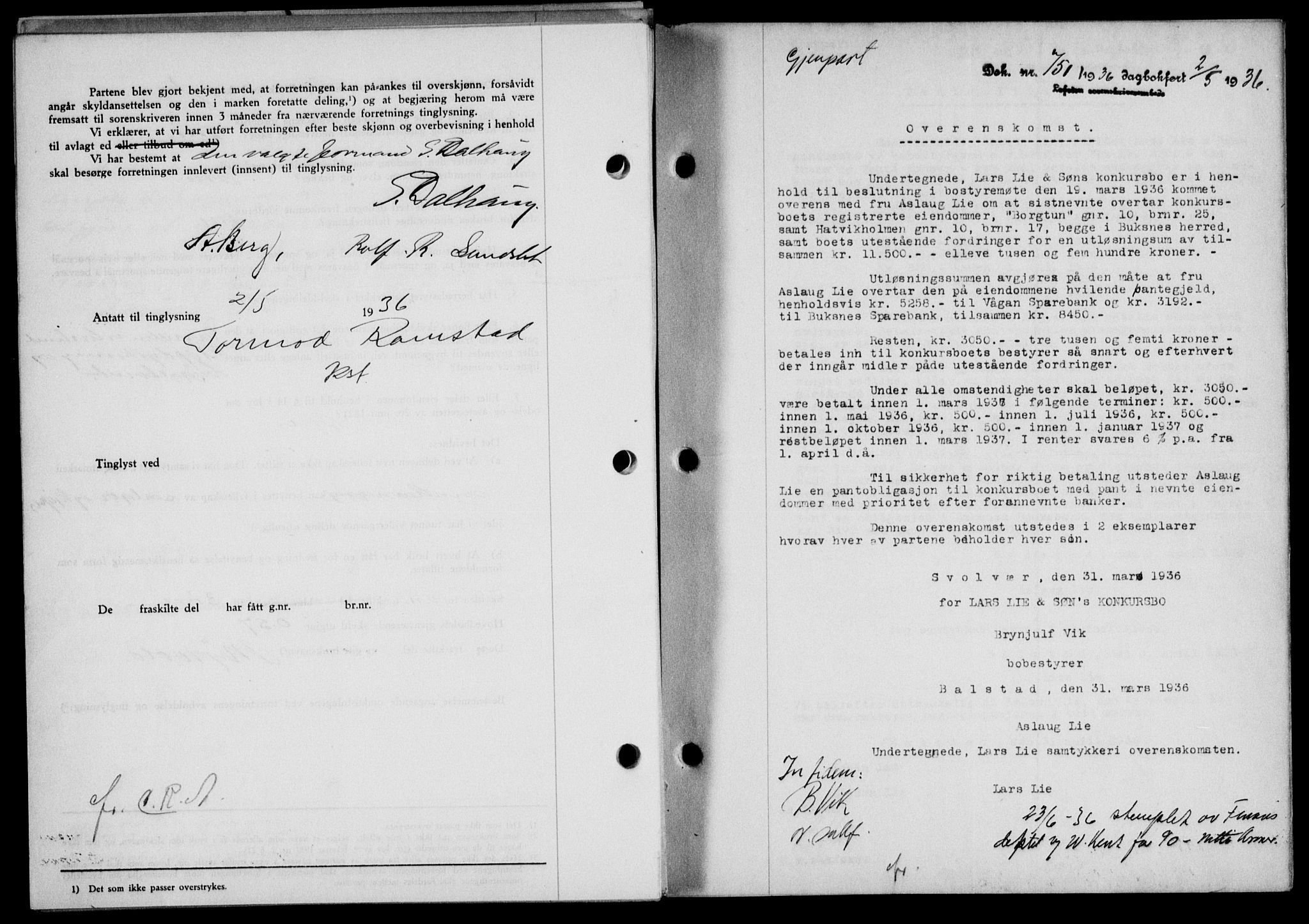 Lofoten sorenskriveri, SAT/A-0017/1/2/2C/L0033b: Mortgage book no. 33b, 1936-1936, Diary no: : 751/1936