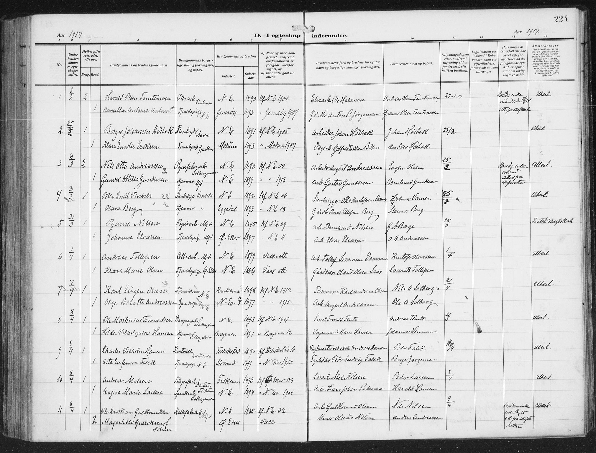 Nedre Eiker kirkebøker, AV/SAKO-A-612/F/Fa/L0007: Parish register (official) no. 7, 1912-1918, p. 224