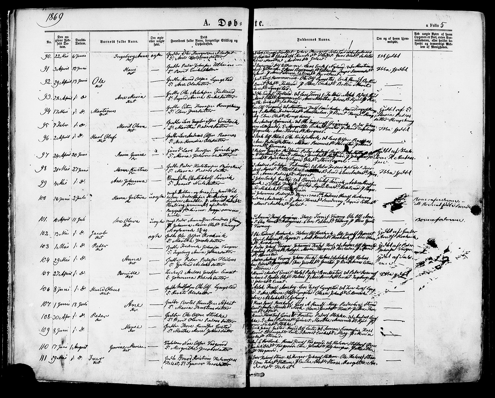 Ministerialprotokoller, klokkerbøker og fødselsregistre - Møre og Romsdal, SAT/A-1454/568/L0805: Parish register (official) no. 568A12 /1, 1869-1884, p. 5