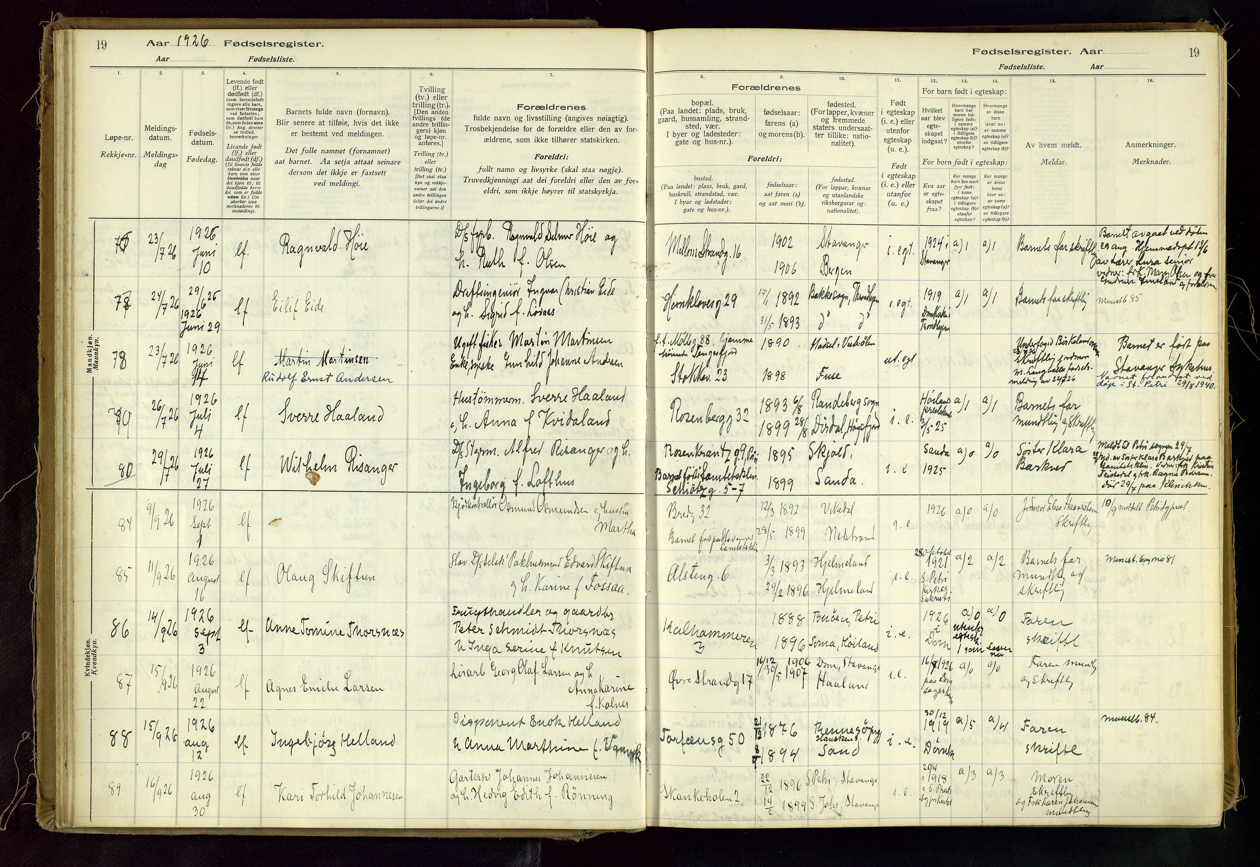 Domkirken sokneprestkontor, AV/SAST-A-101812/002/A/L0001: Birth register no. 1, 1925-1932, p. 19