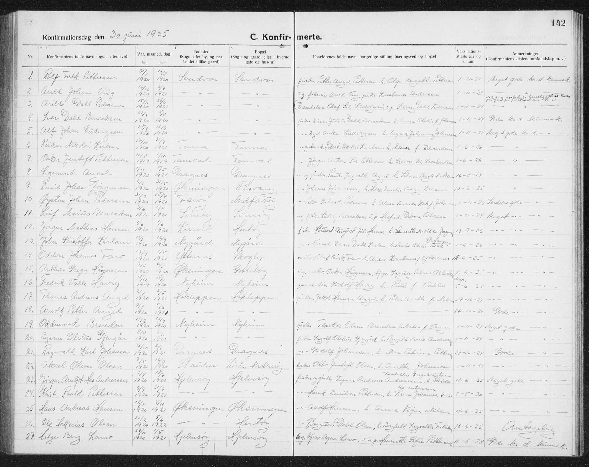 Ministerialprotokoller, klokkerbøker og fødselsregistre - Nordland, SAT/A-1459/834/L0517: Parish register (copy) no. 834C07, 1919-1939, p. 142