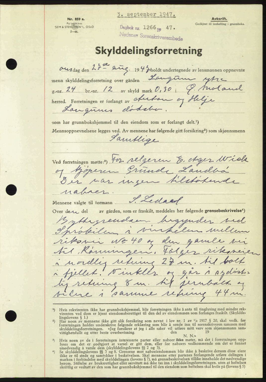 Nedenes sorenskriveri, SAK/1221-0006/G/Gb/Gba/L0058: Mortgage book no. A10, 1947-1948, Diary no: : 1266/1947