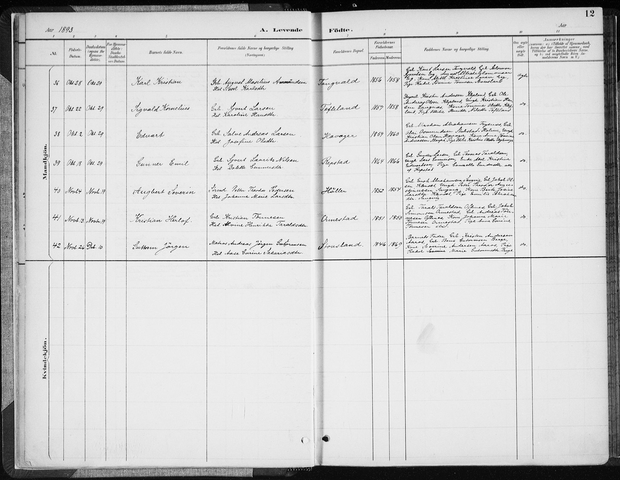 Søgne sokneprestkontor, AV/SAK-1111-0037/F/Fa/Fab/L0013: Parish register (official) no. A 13, 1892-1911, p. 12