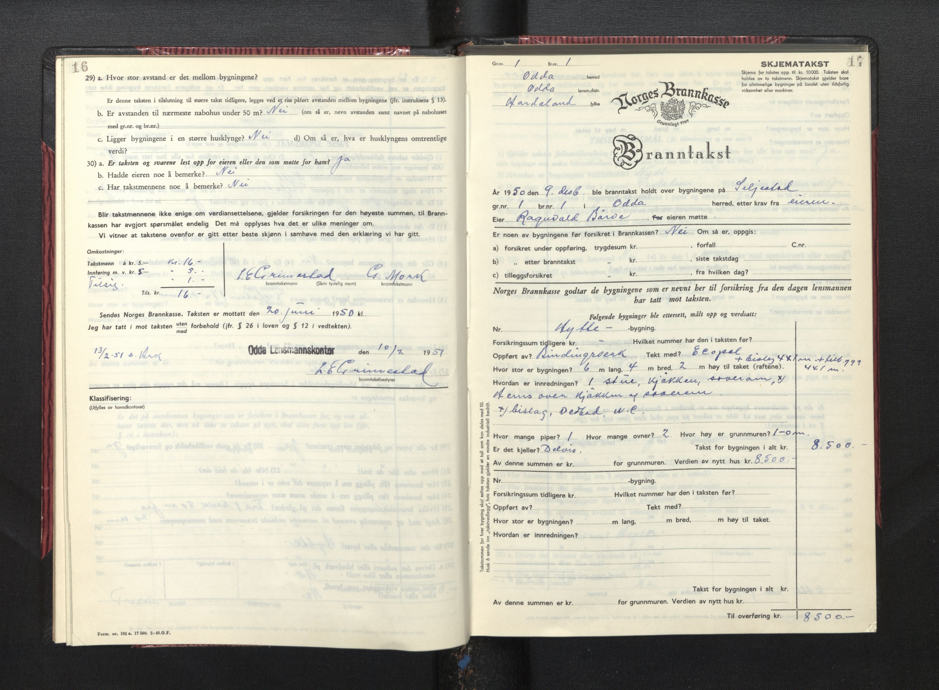 Lensmannen i Odda, AV/SAB-A-34001/0012/L0004: Branntakstprotokoll, skjematakst, 1950-1955, p. 16-17